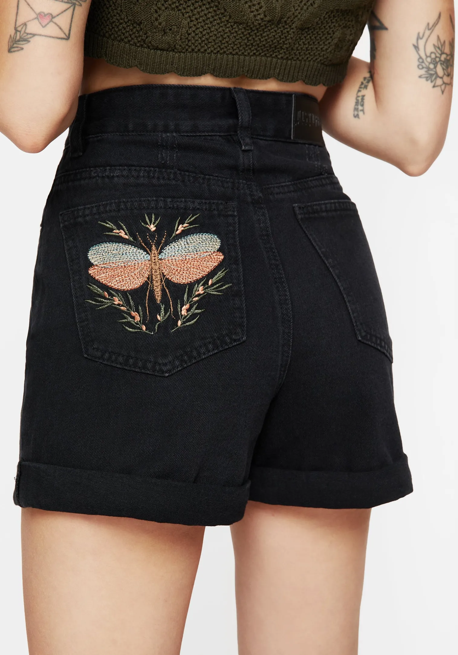 Griffinfly Embroidered Distressed Denim Shorts