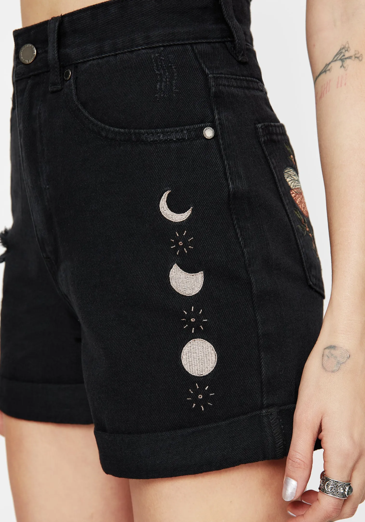 Griffinfly Embroidered Distressed Denim Shorts