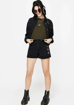 Griffinfly Embroidered Distressed Denim Shorts