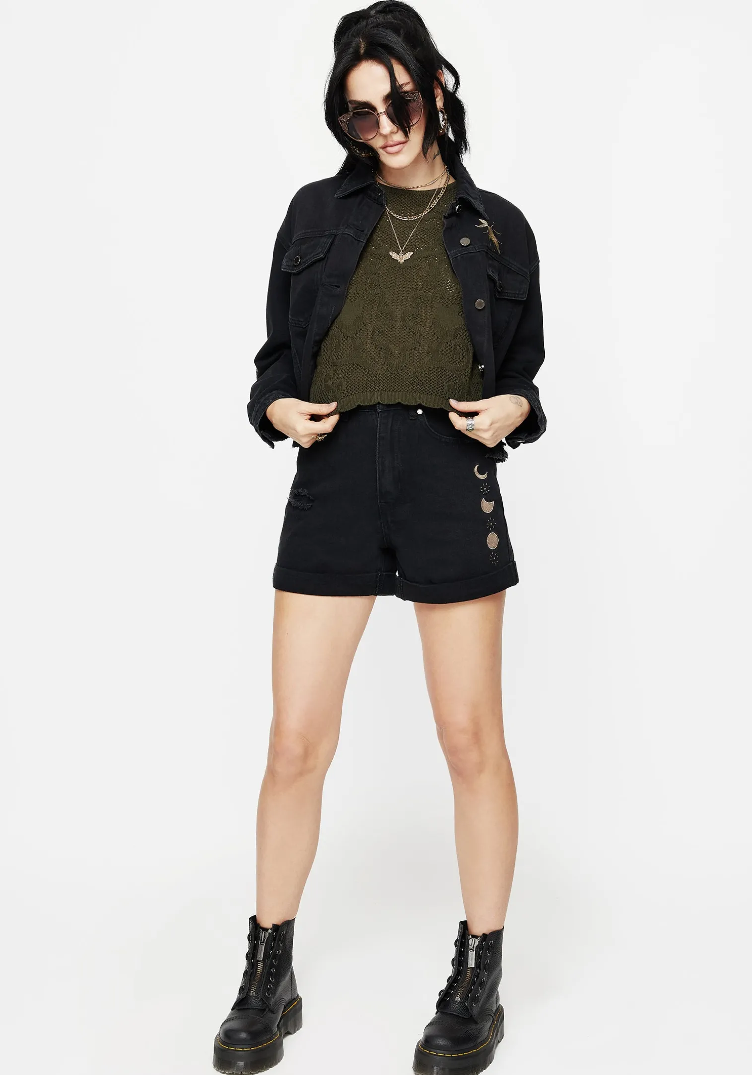 Griffinfly Embroidered Distressed Denim Shorts
