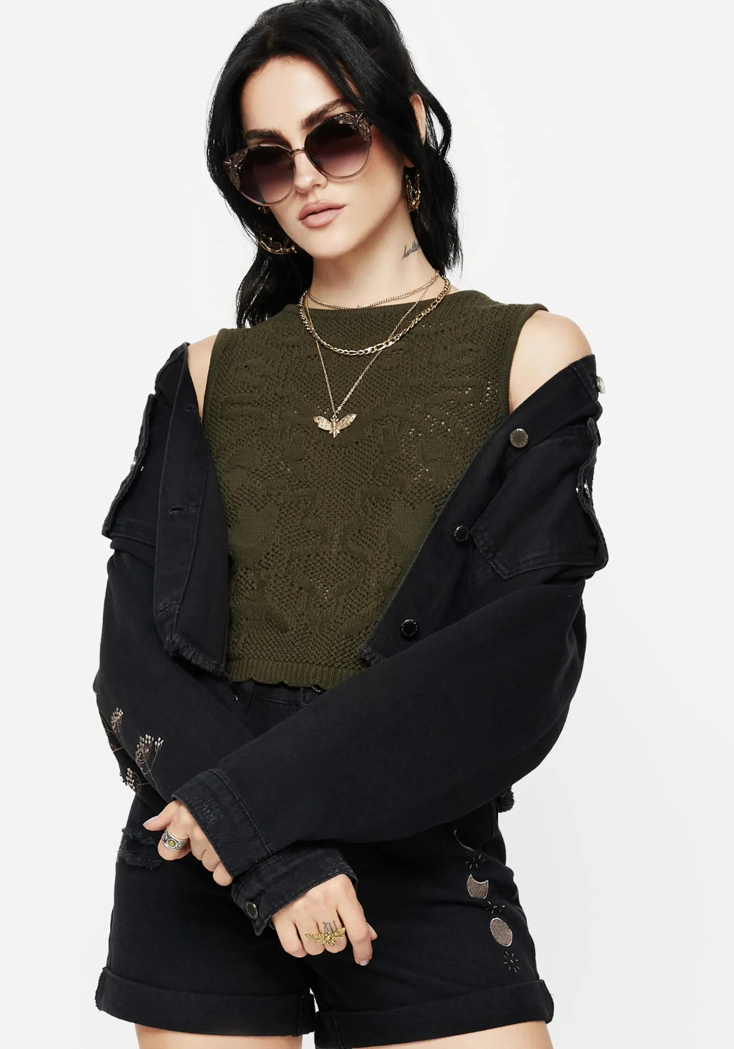 Griffinfly Embroidered Distressed Denim Shorts