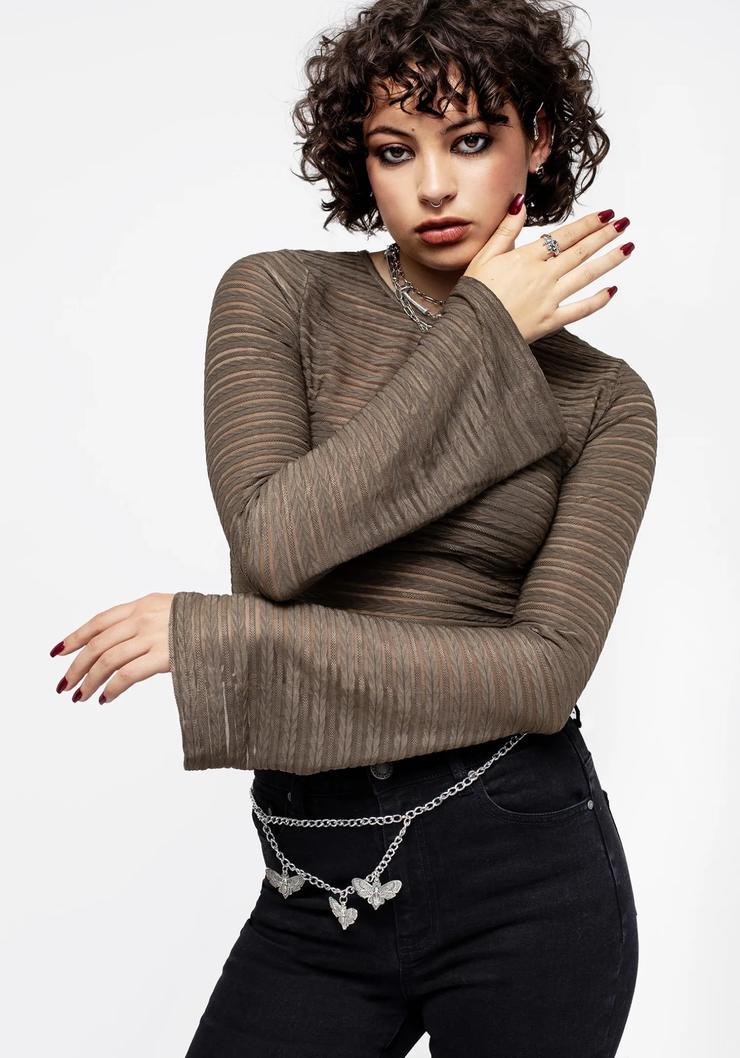 Habundia Flared Sleeve Crop Top - Moss Stone