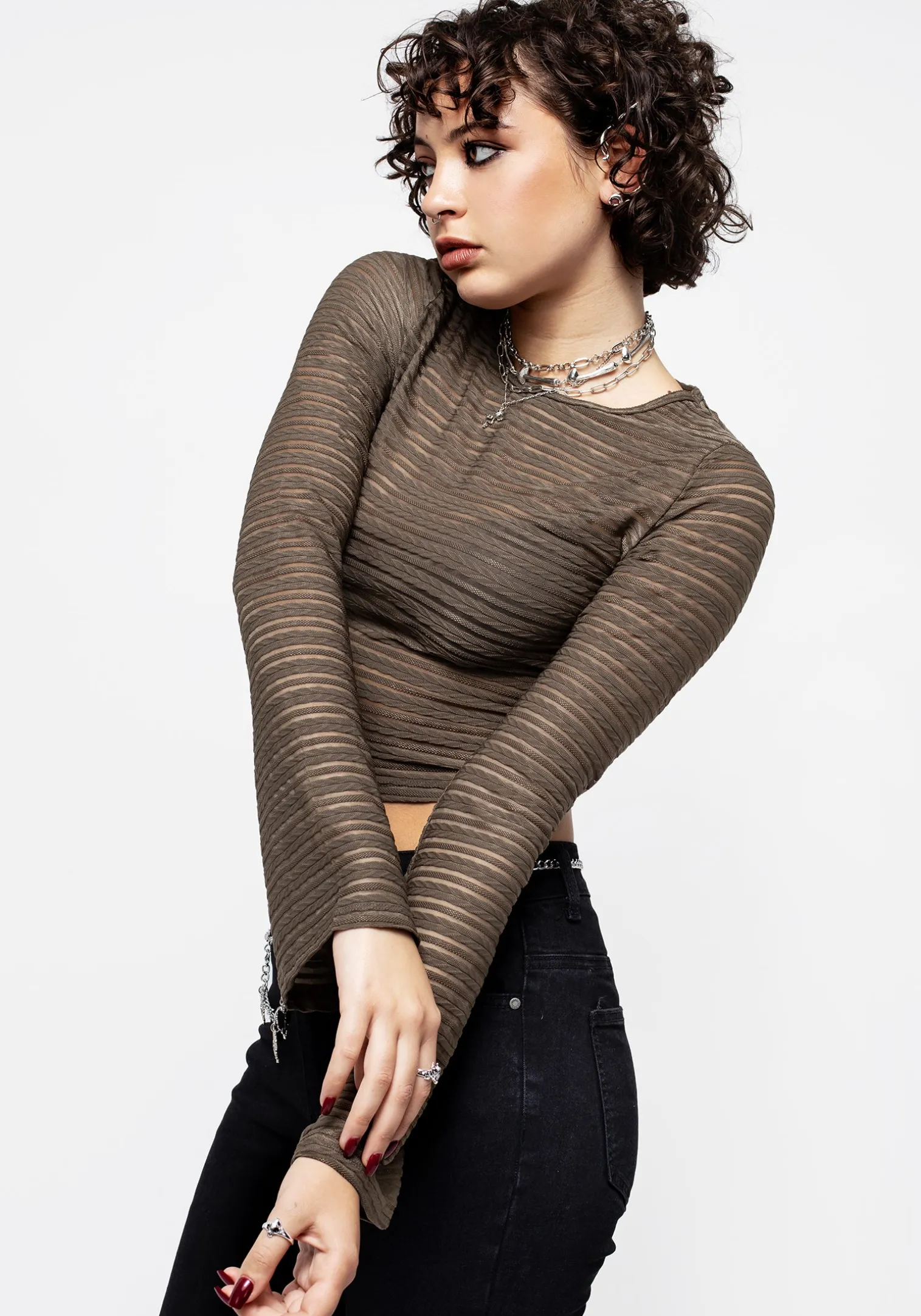 Habundia Flared Sleeve Crop Top - Moss Stone
