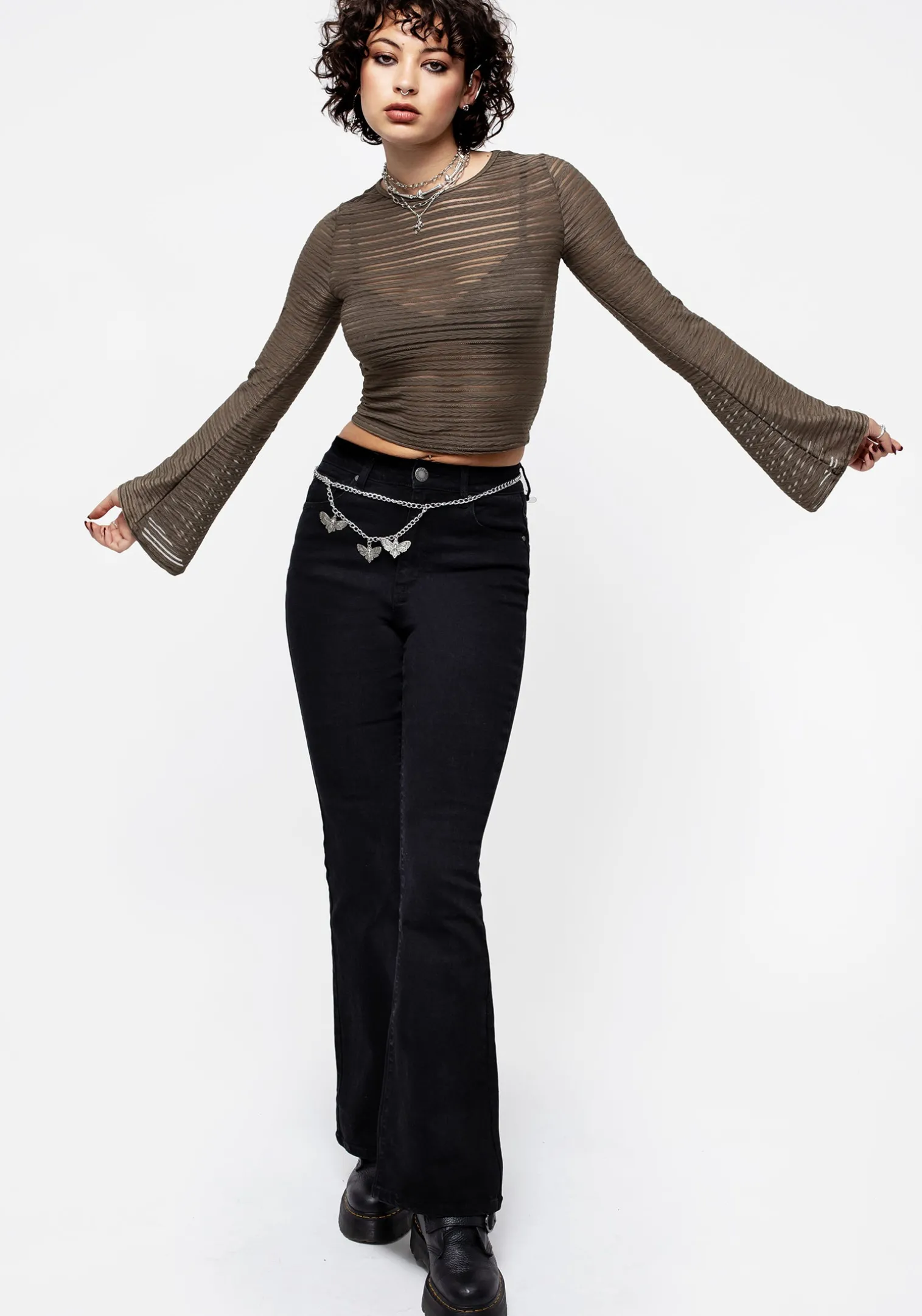 Habundia Flared Sleeve Crop Top - Moss Stone