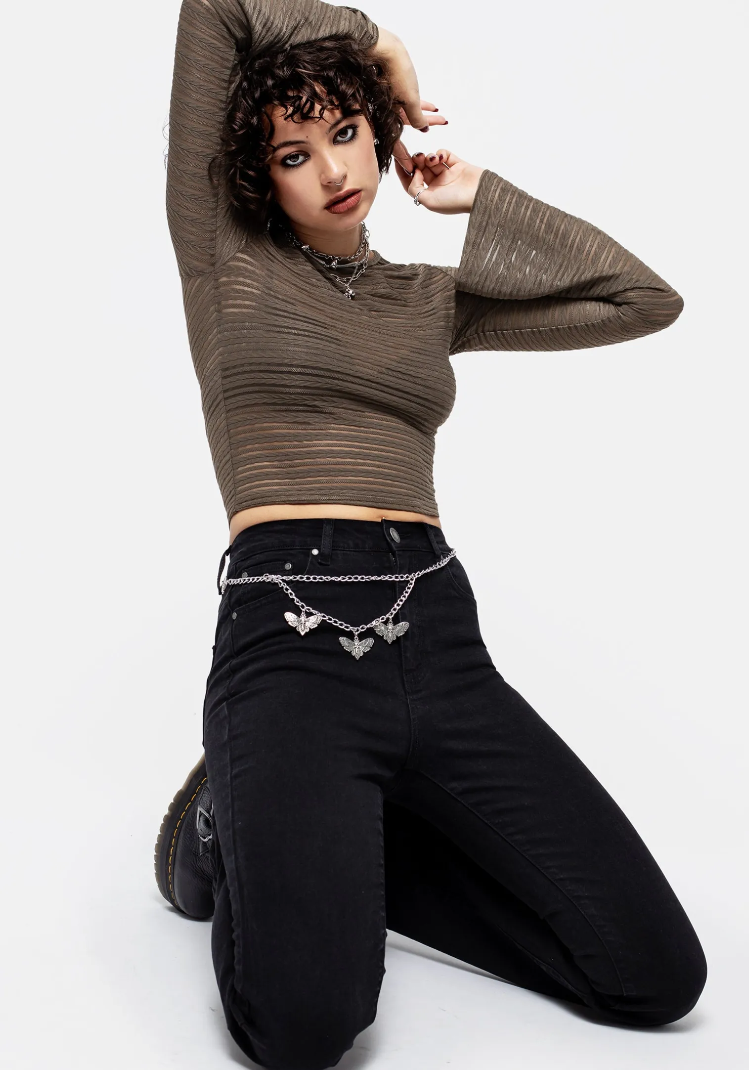 Habundia Flared Sleeve Crop Top - Moss Stone