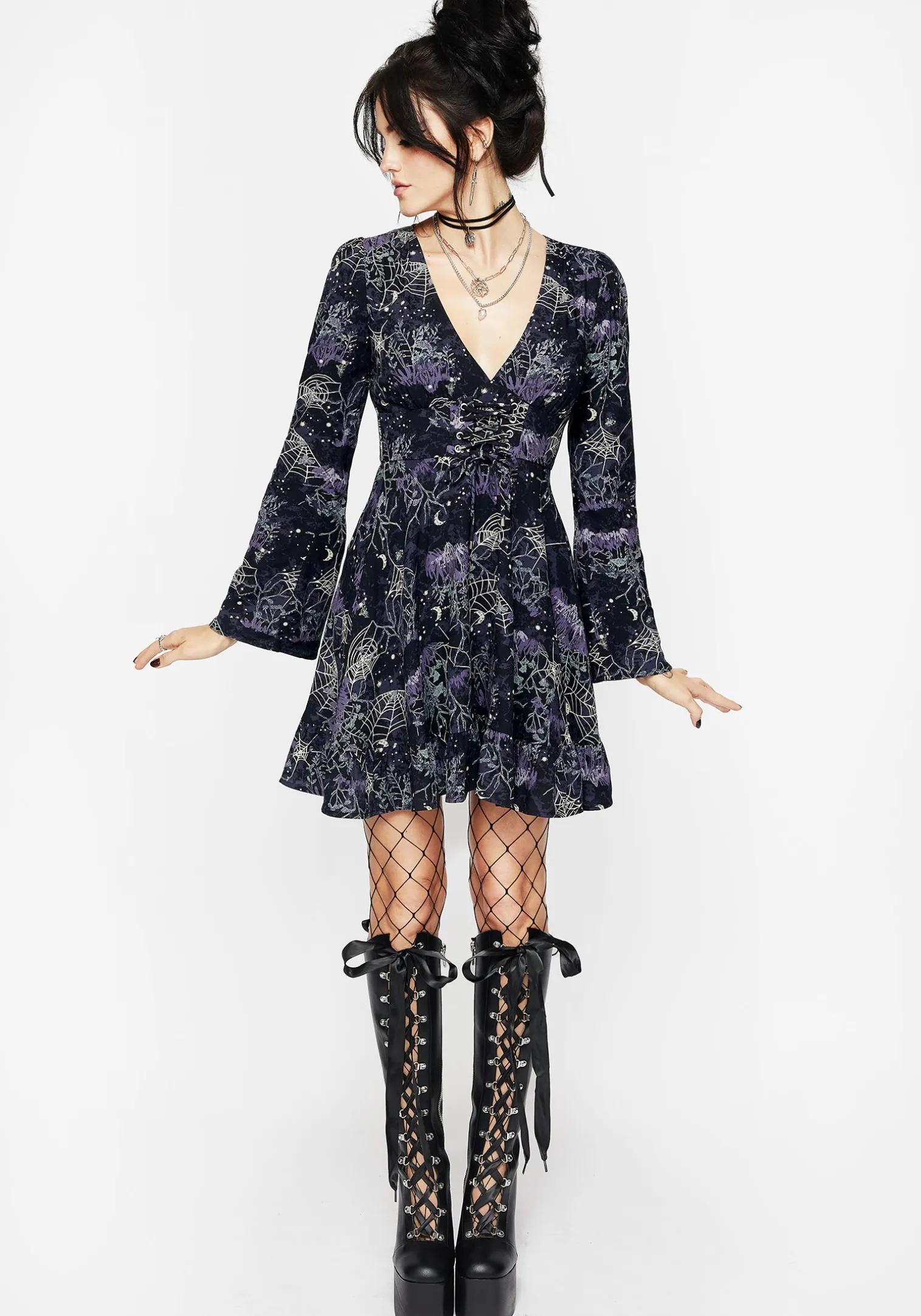Hawthorn Flute Sleeve Lace Up Mini Dress