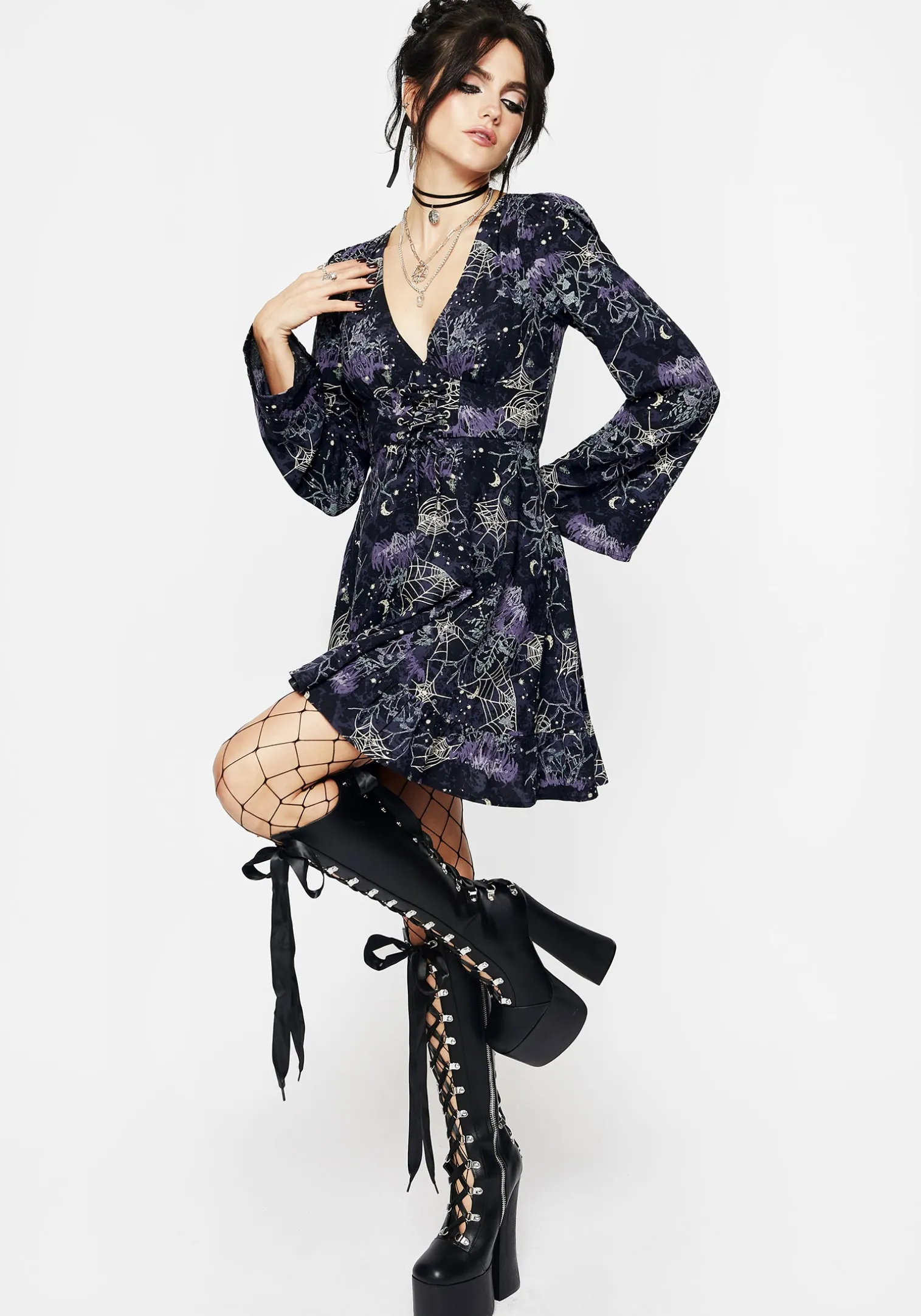 Hawthorn Flute Sleeve Lace Up Mini Dress