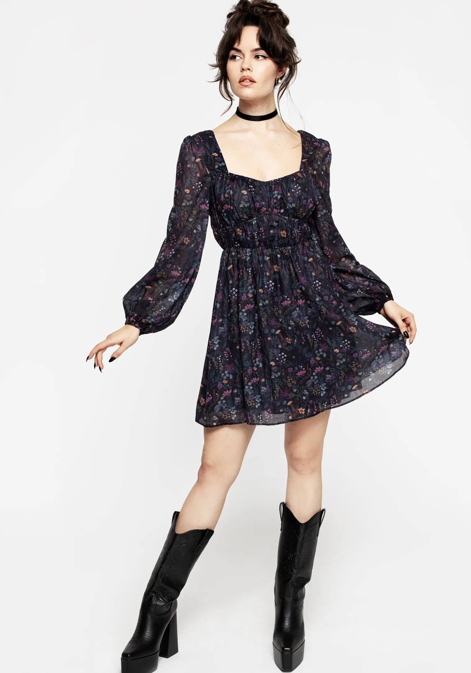 Heliotrope Floral Print Chiffon Mini Dress