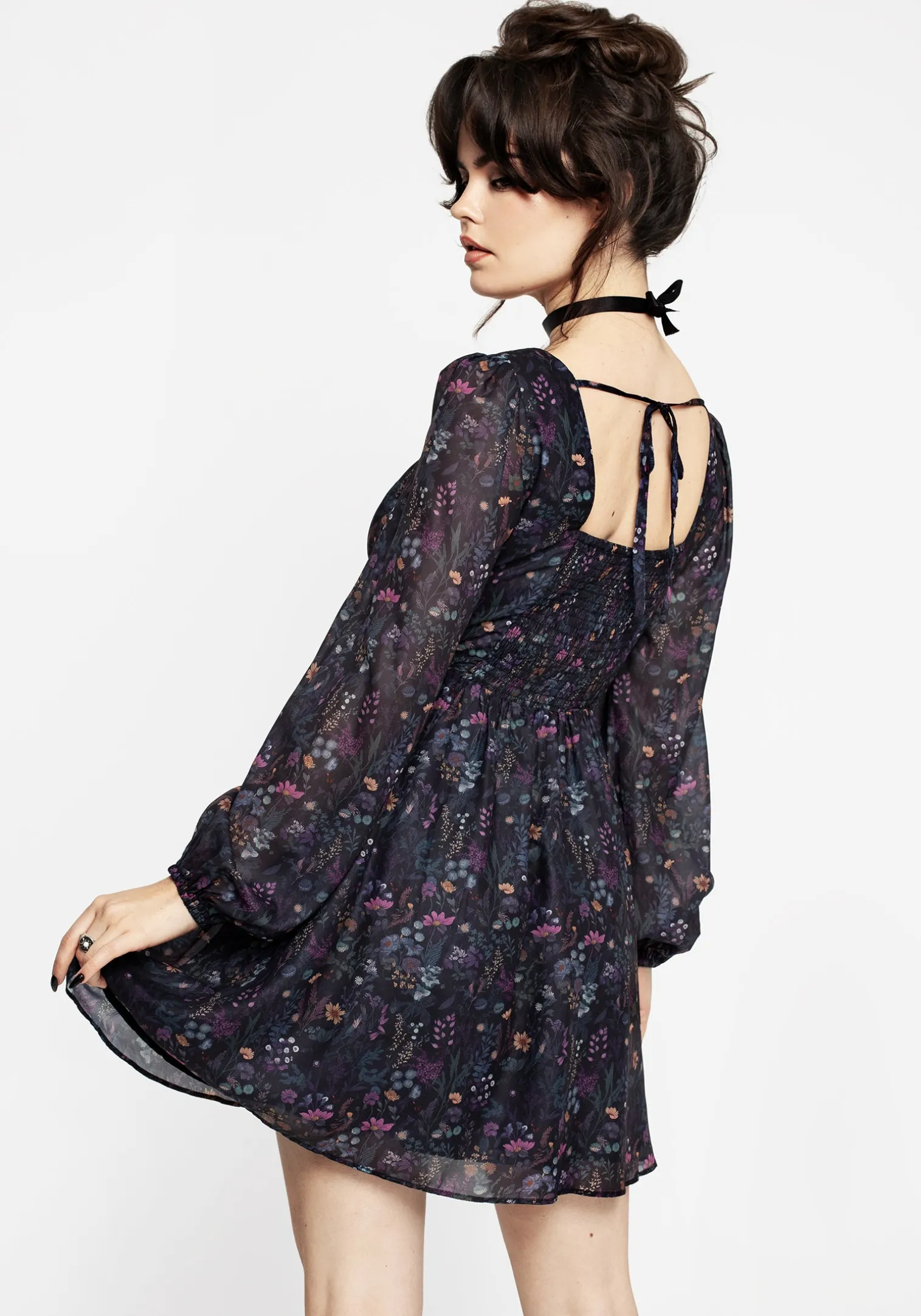 Heliotrope Floral Print Chiffon Mini Dress