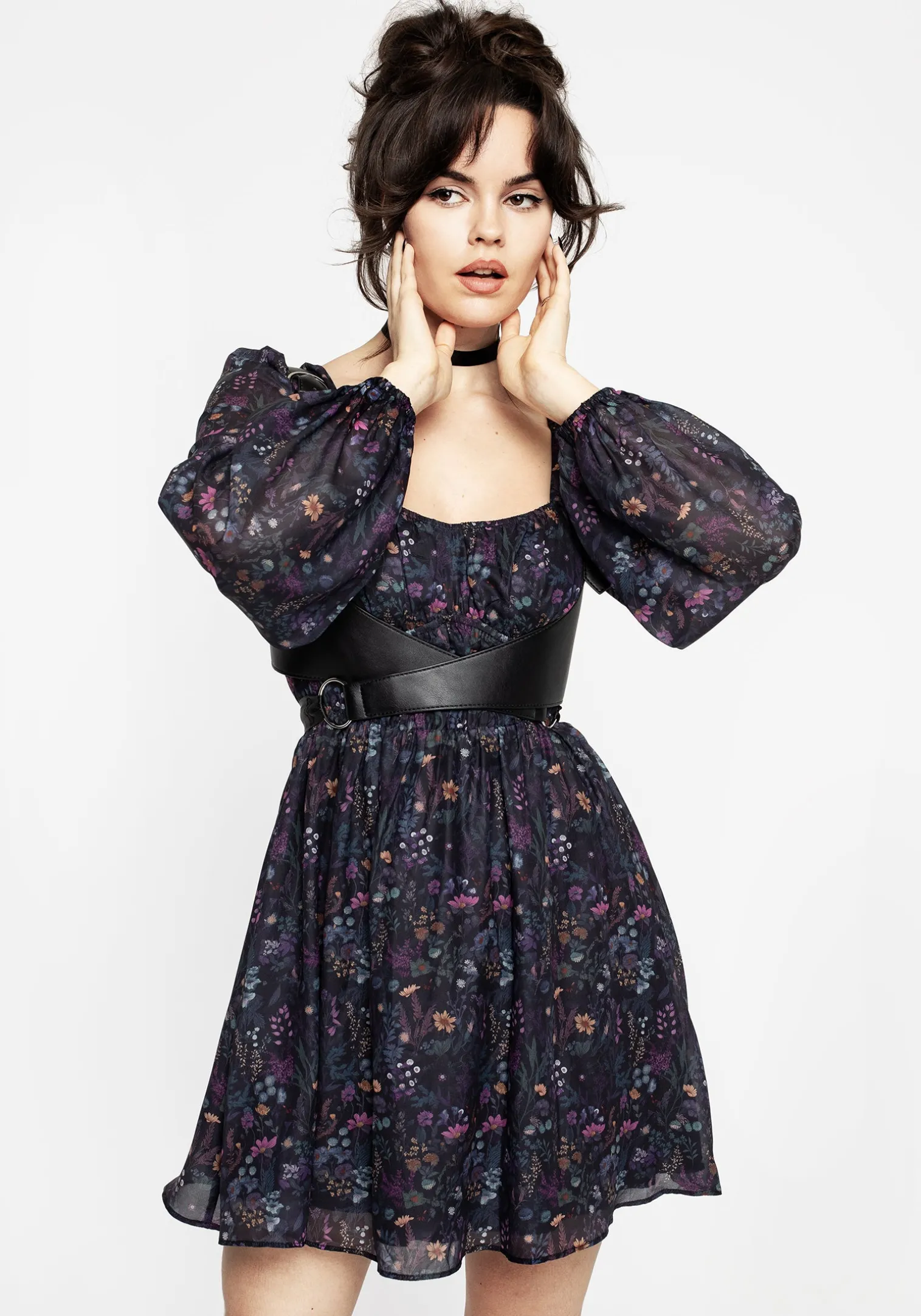 Heliotrope Floral Print Chiffon Mini Dress