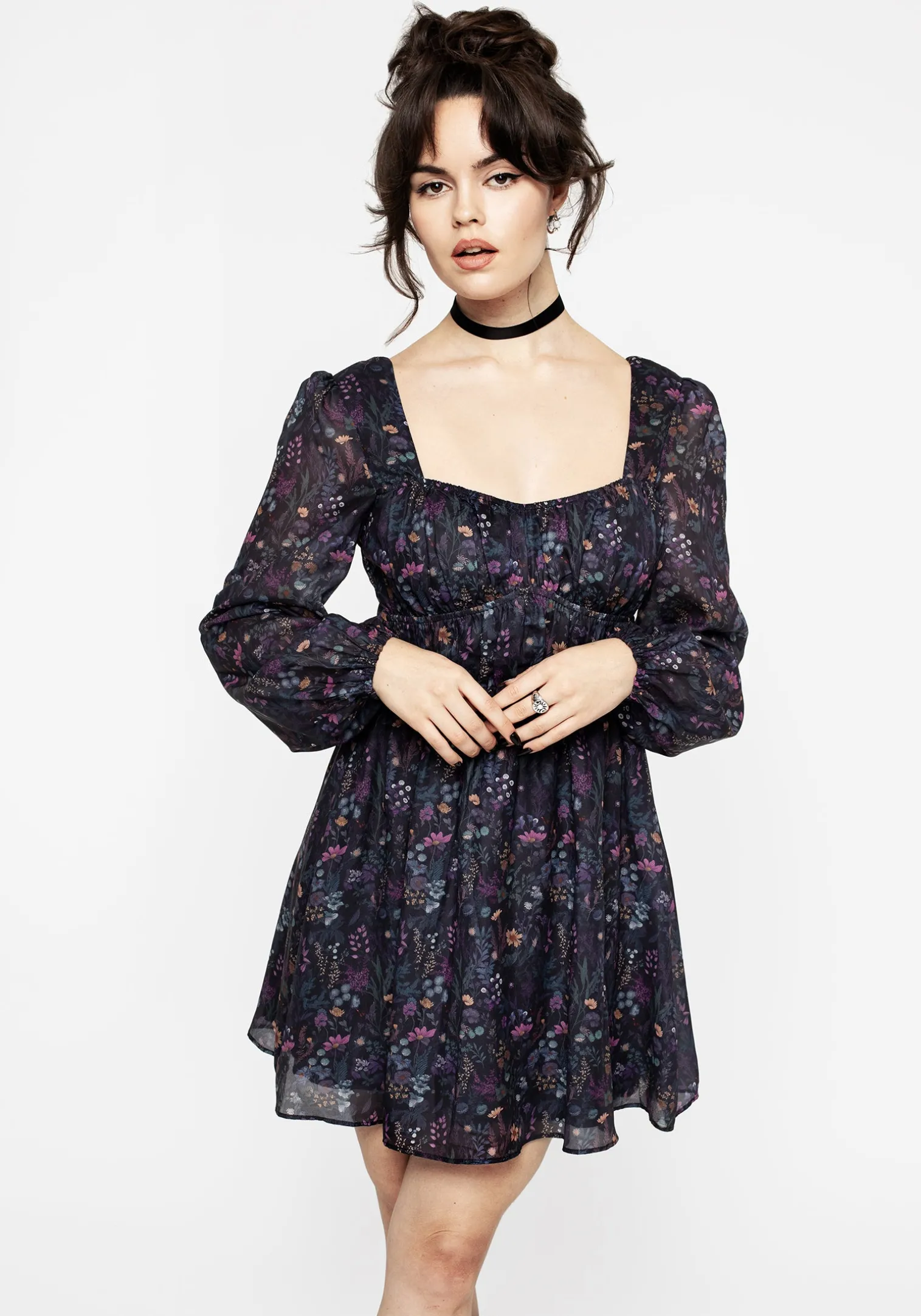 Heliotrope Floral Print Chiffon Mini Dress