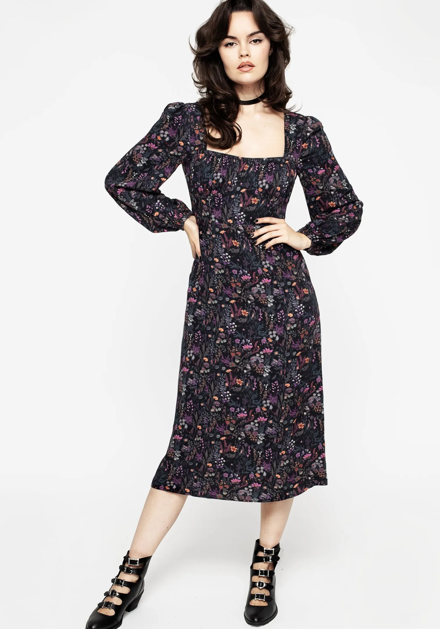 Heliotrope Floral Print Midi Dress