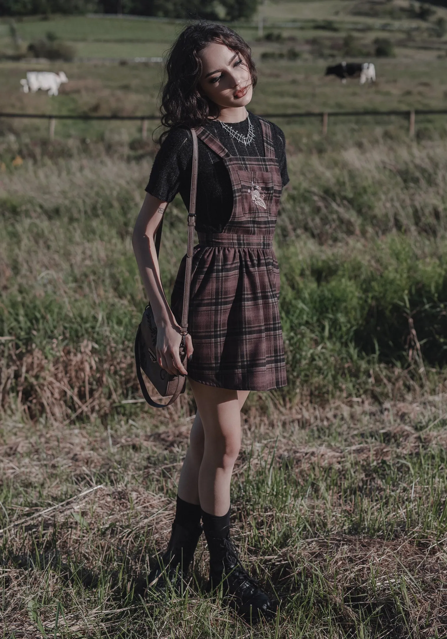 Hickory Embroidered Check Mini Pinafore Dress