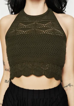 Hooked Pointelle Halter Crop Top - Green