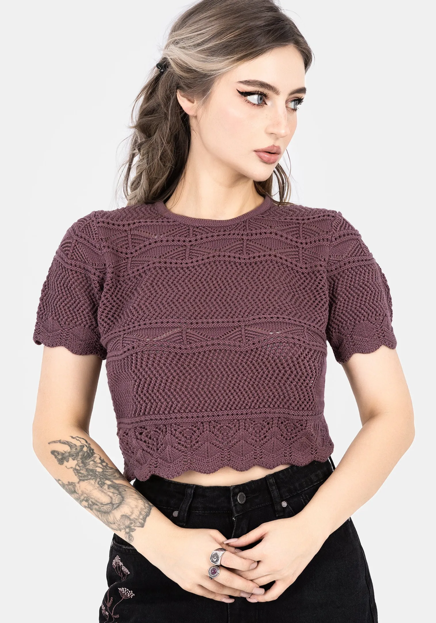 Hooked Pointelle Short Sleeve Crop Top - Purple