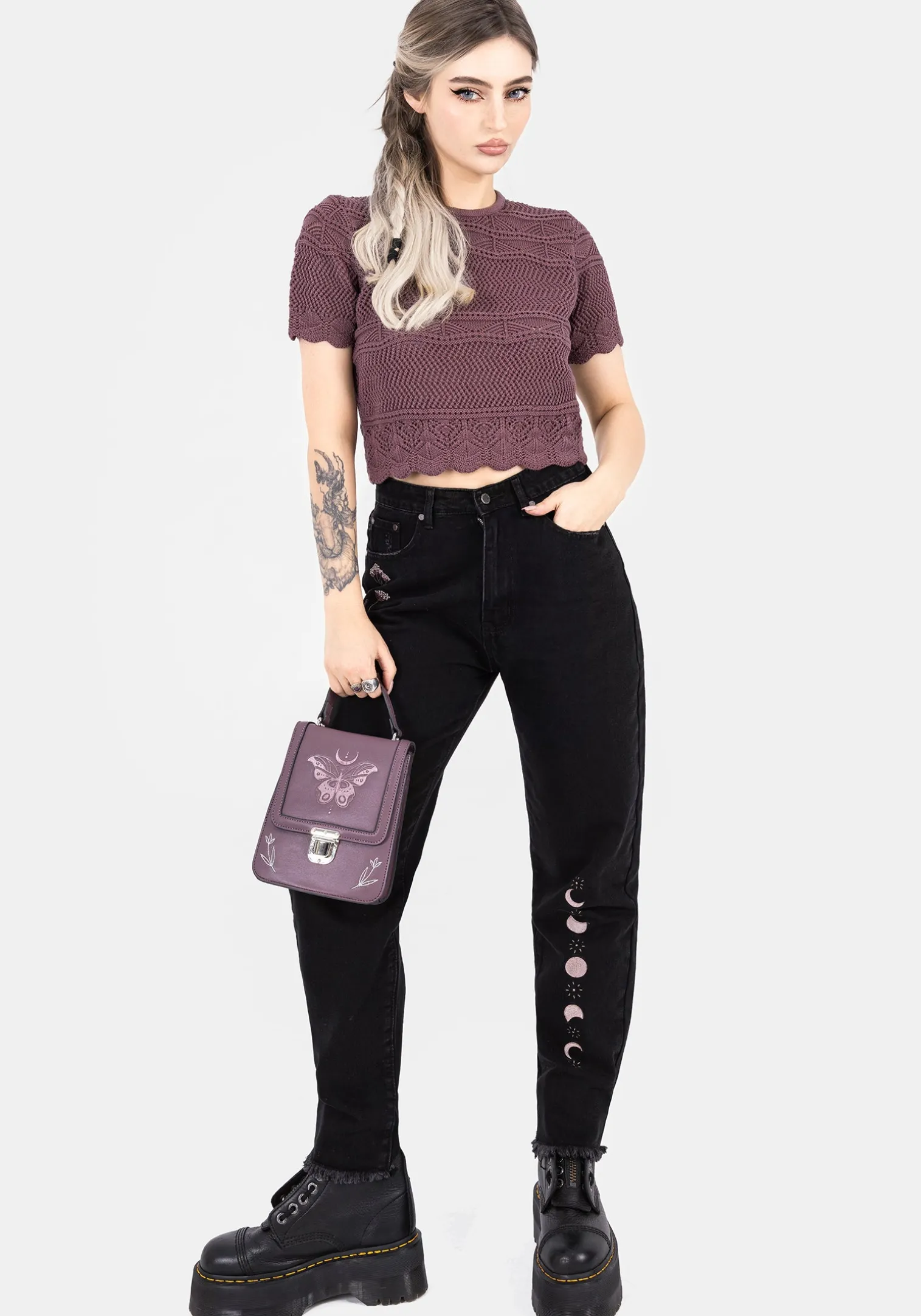 Hooked Pointelle Short Sleeve Crop Top - Purple