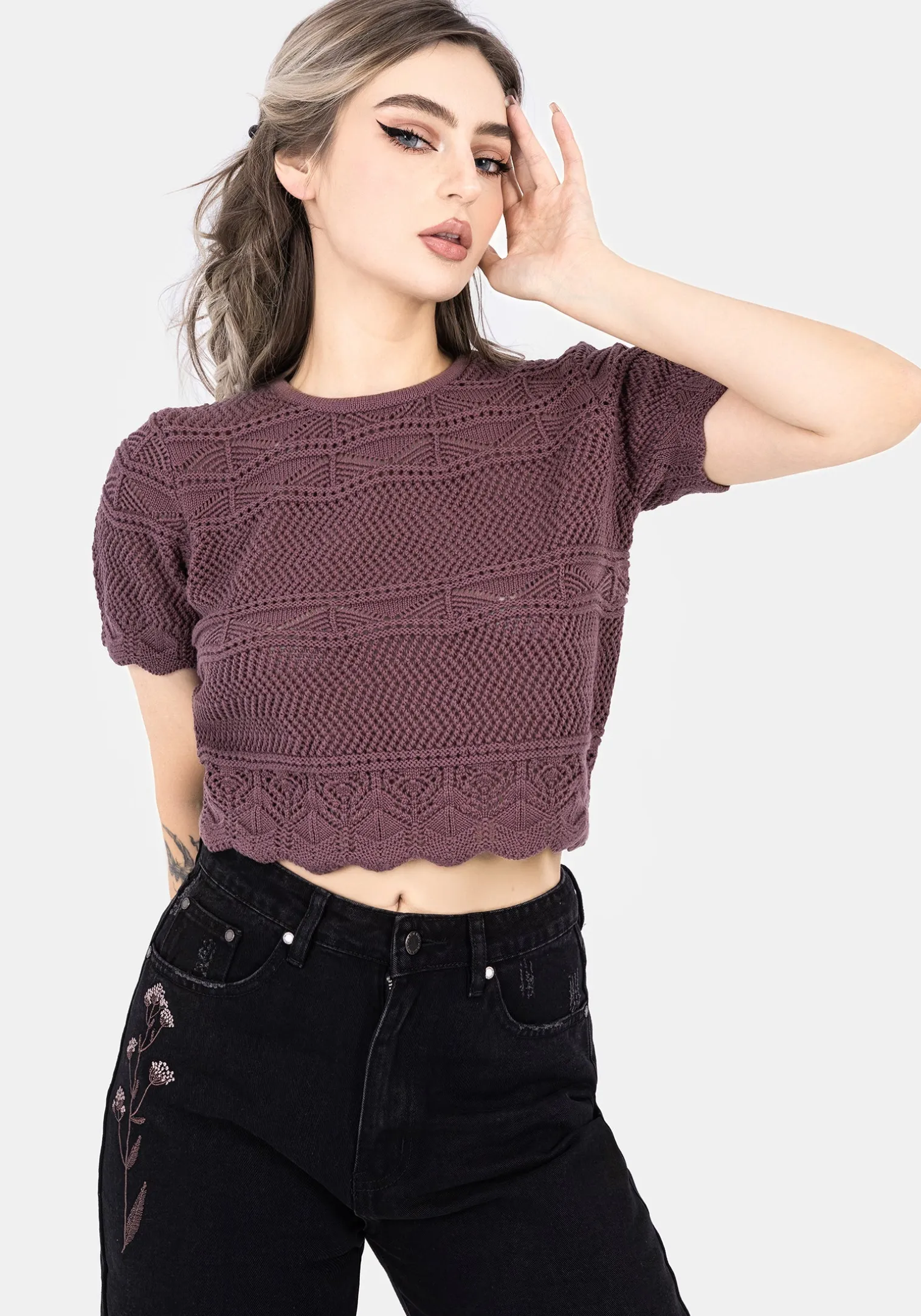 Hooked Pointelle Short Sleeve Crop Top - Purple