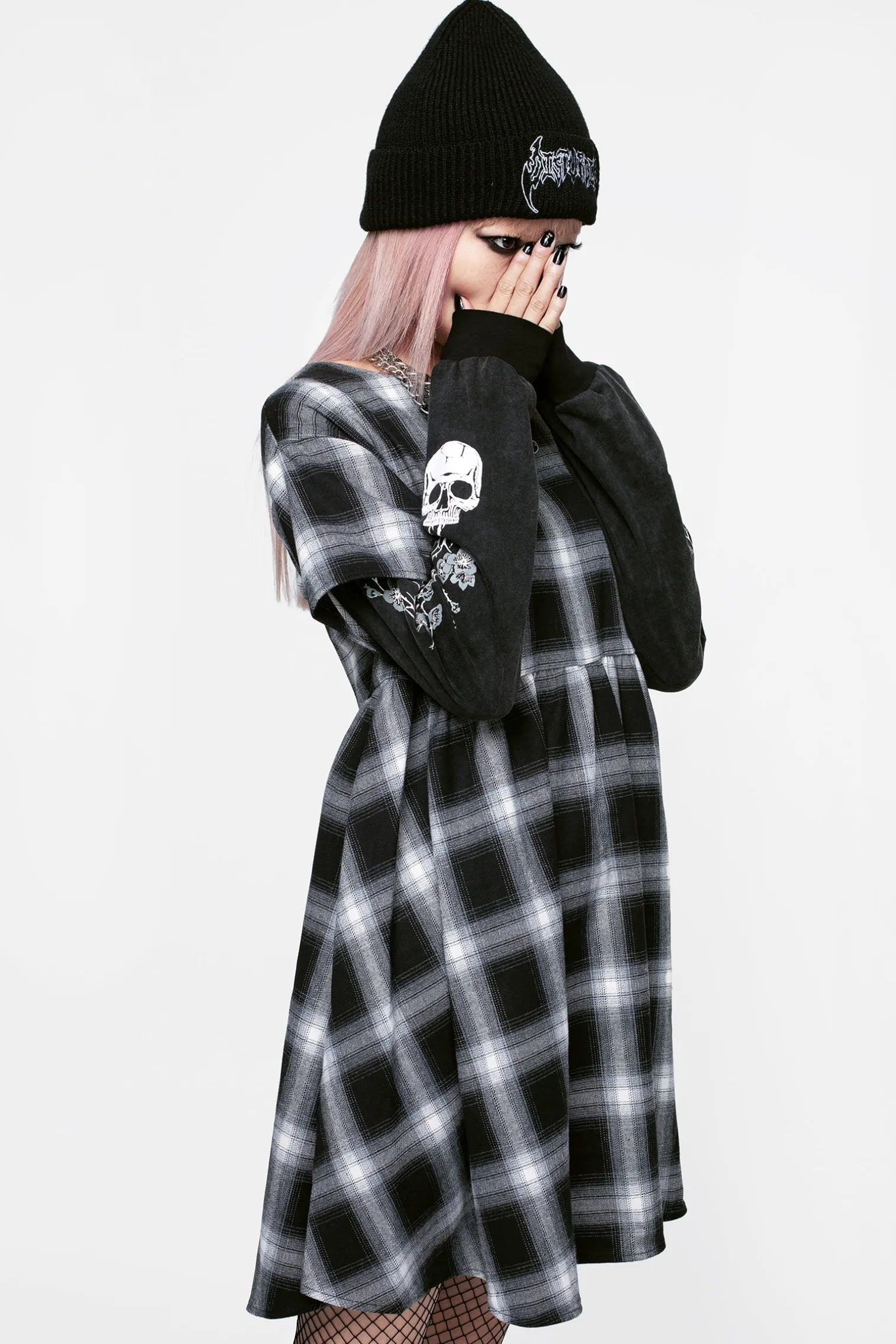 Hypnos Layered Sleeve Check Mini Smock Dress