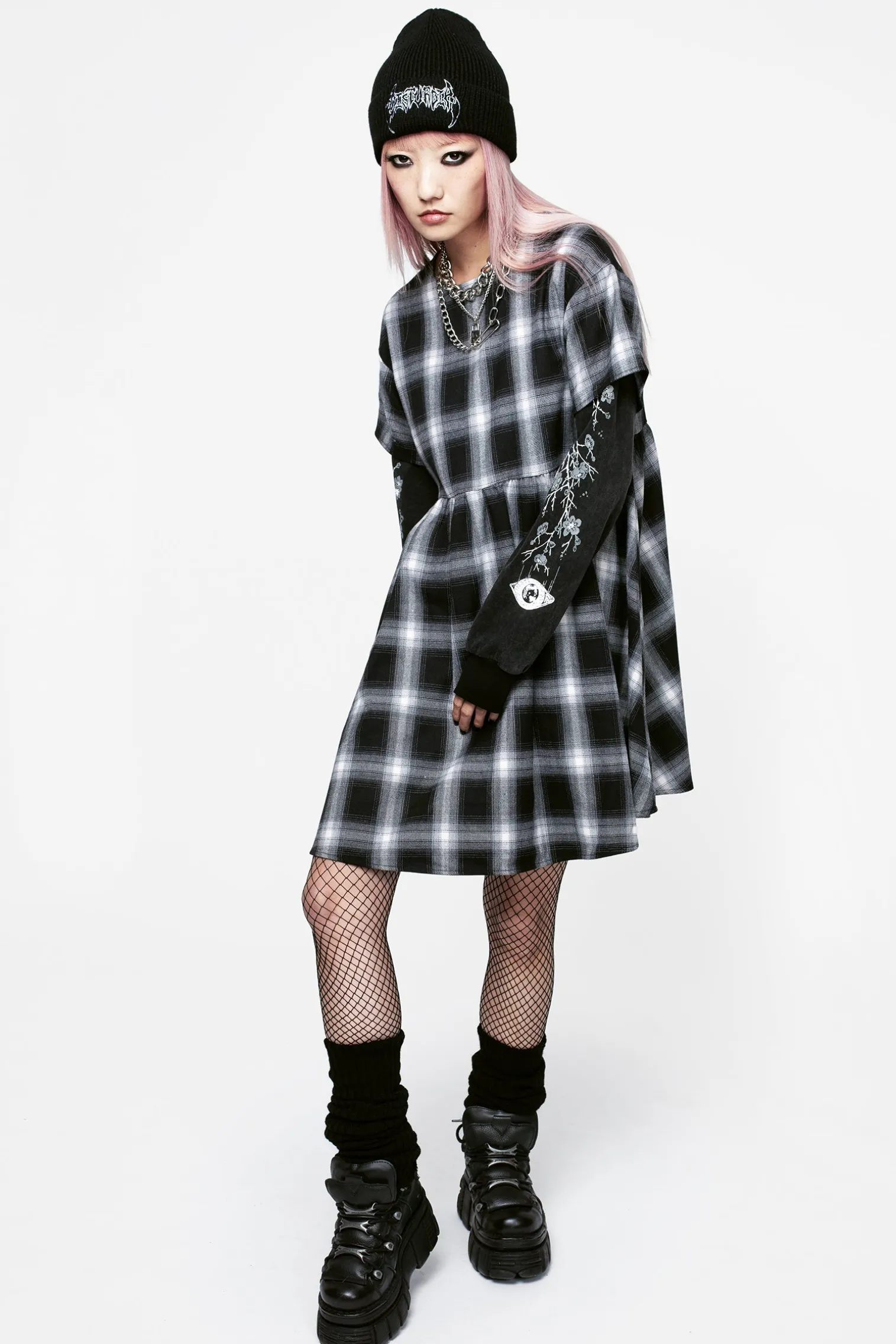 Hypnos Layered Sleeve Check Mini Smock Dress