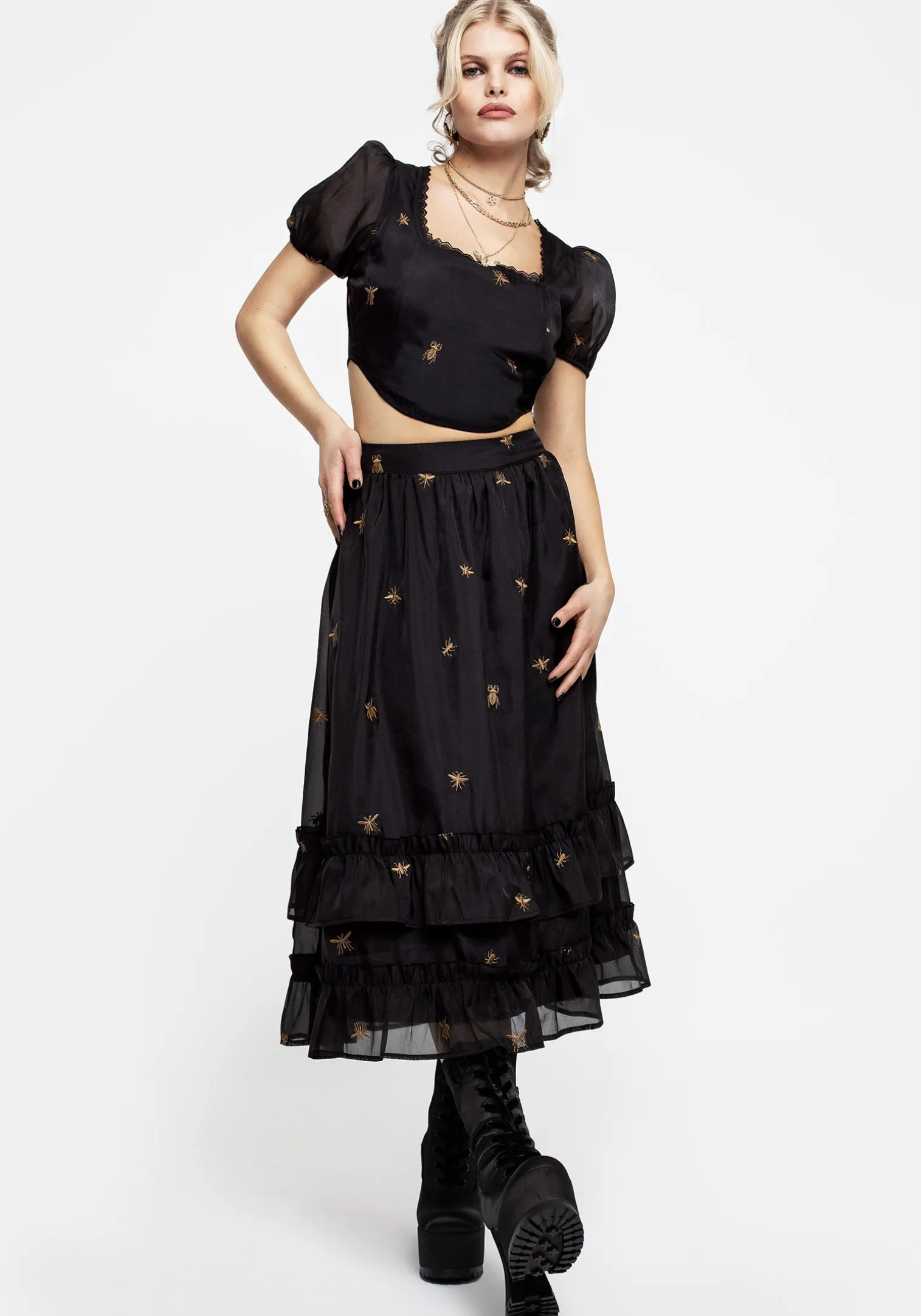 Insectarium Embroidered Organza Tiered Midi Skirt