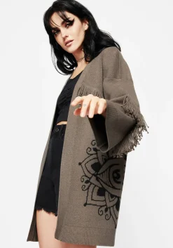 Iris Flare Sleeve Longline Fringe Knit Cardigan