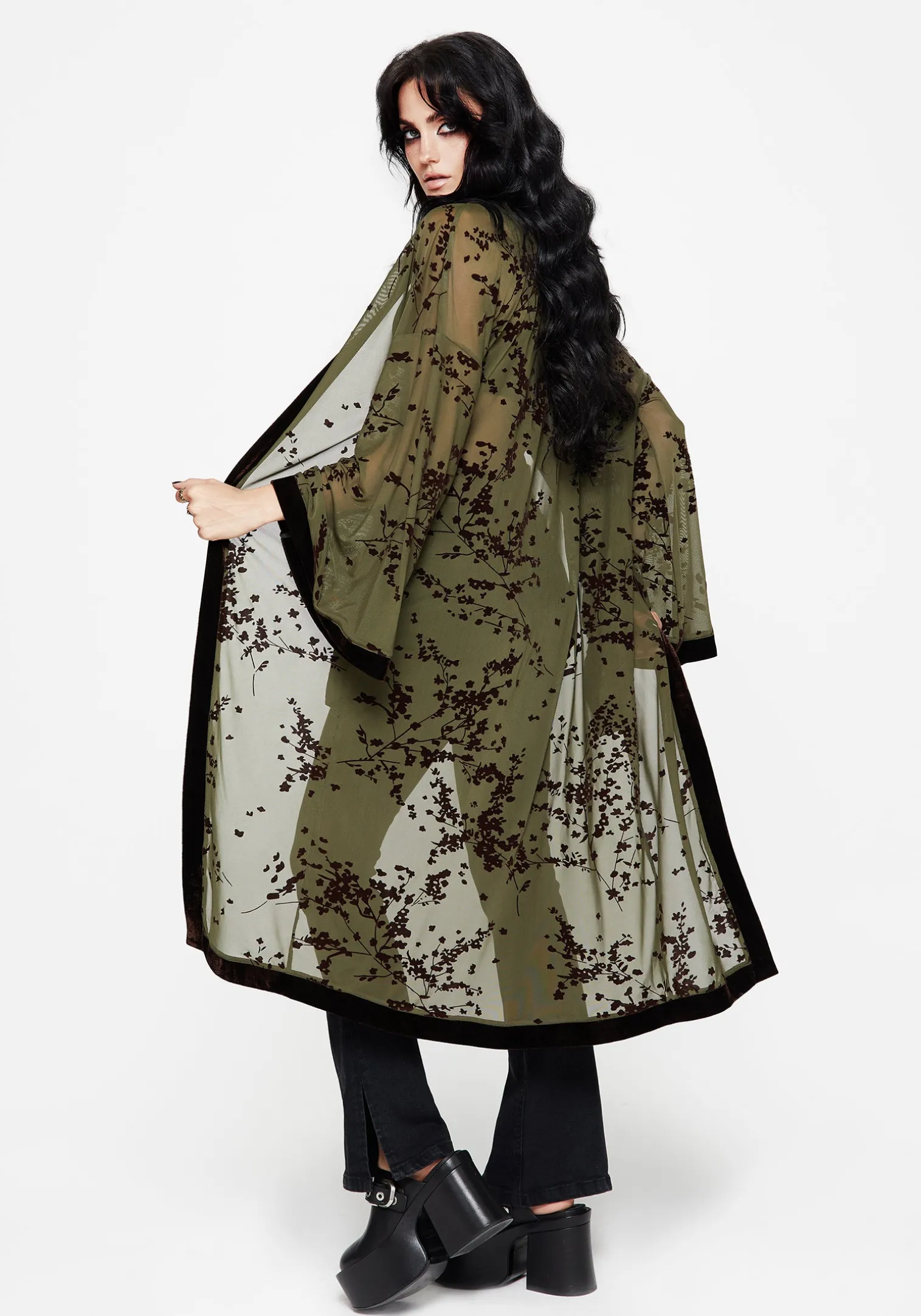 Jael Flocked Longline Mesh Kimono