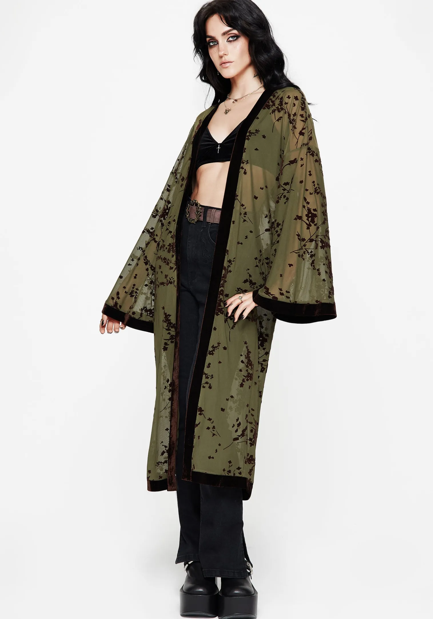 Jael Flocked Longline Mesh Kimono