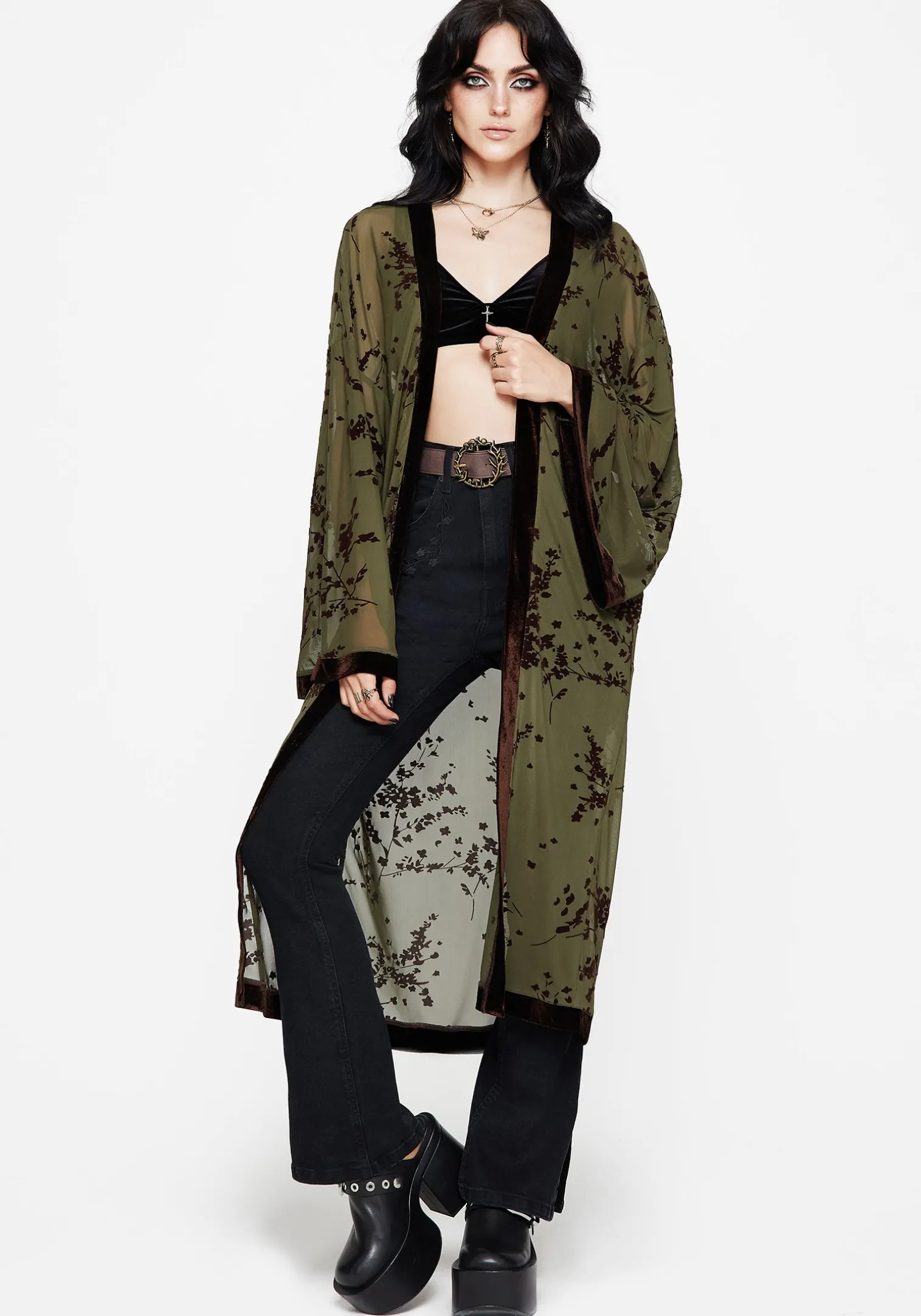 Jael Flocked Longline Mesh Kimono