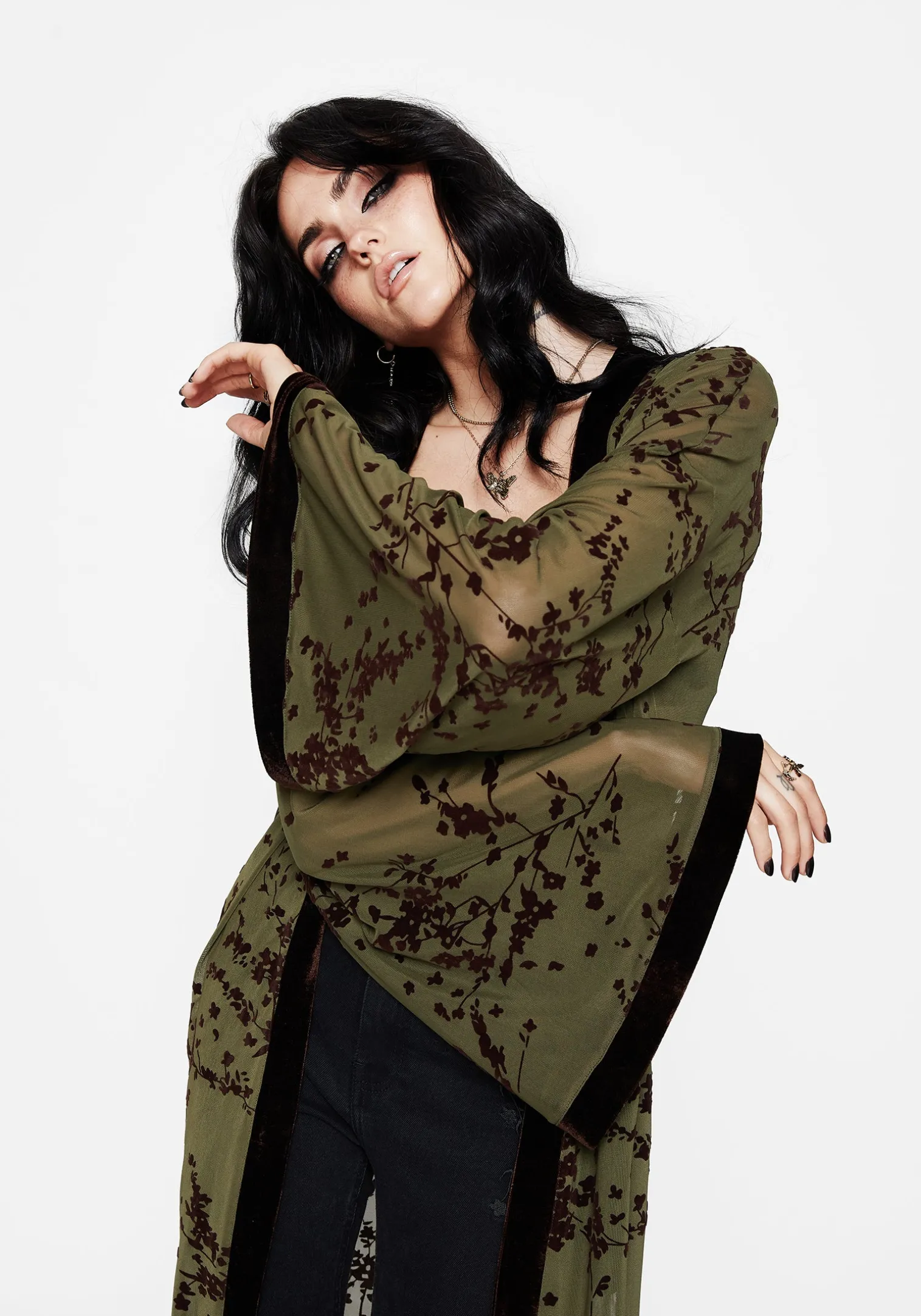 Jael Flocked Longline Mesh Kimono