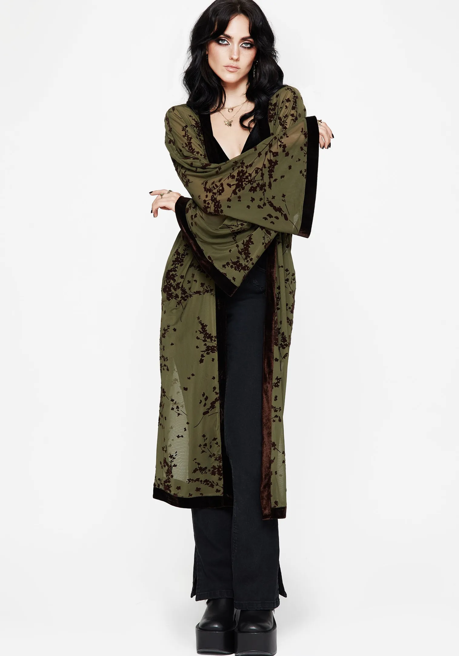 Jael Flocked Longline Mesh Kimono