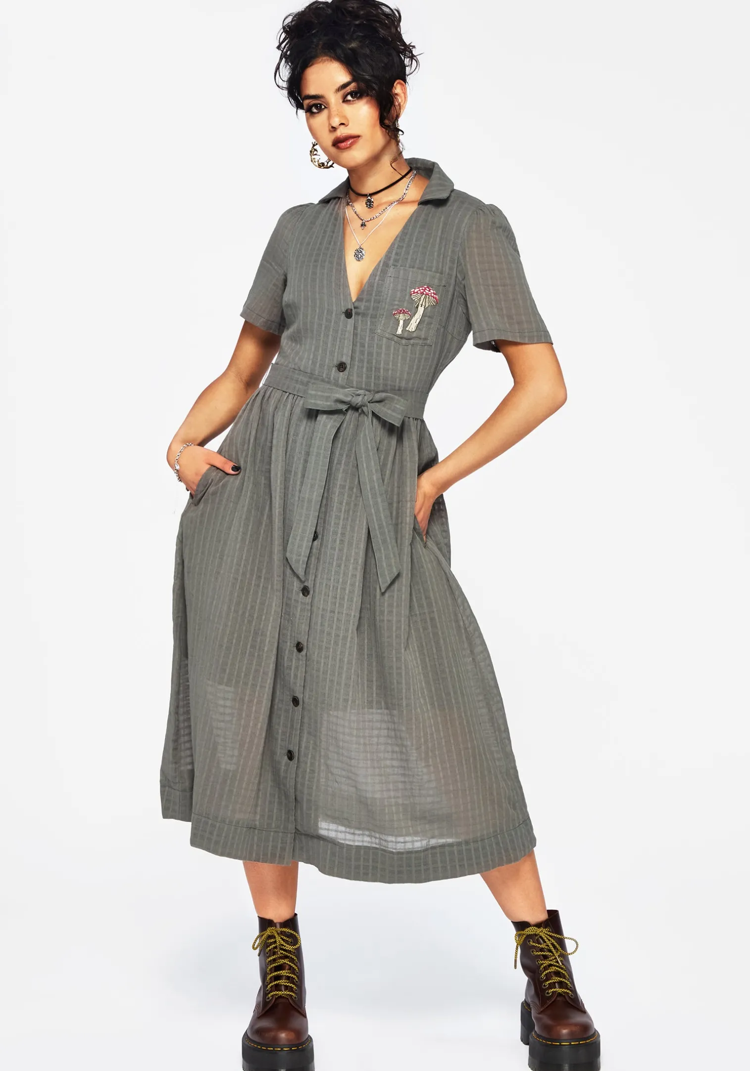 Koax Cotton Check Embroidered Button Up Midi Shirt Dress