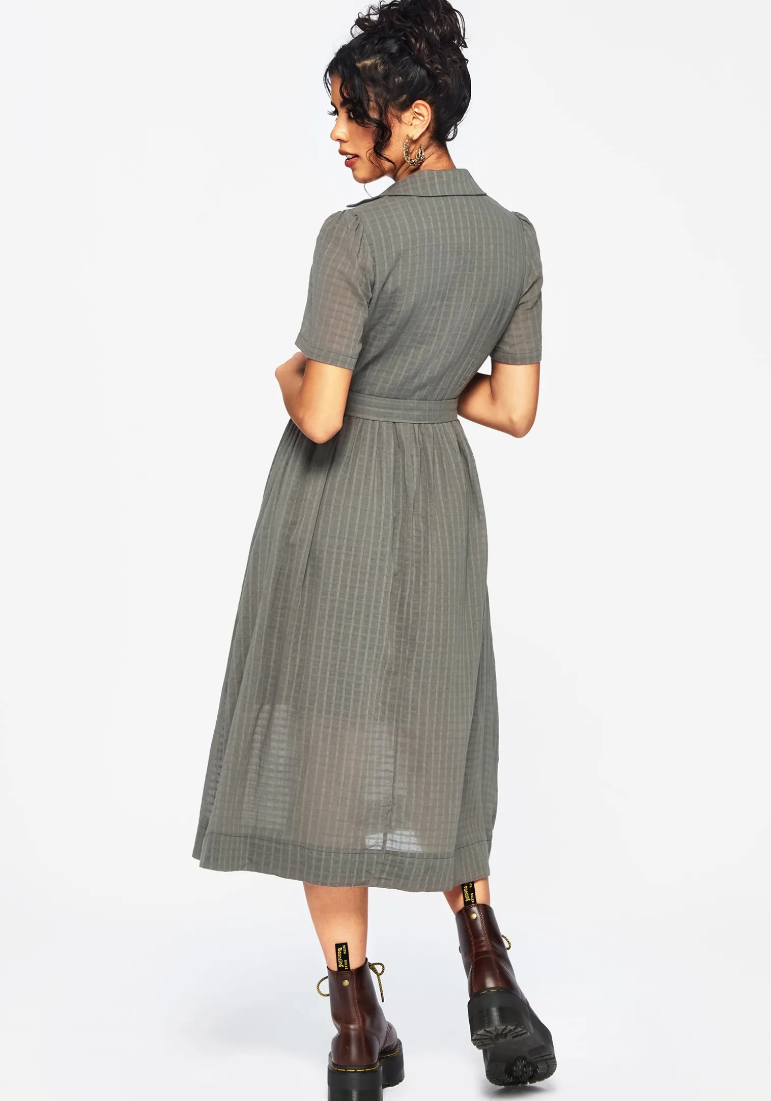 Koax Cotton Check Embroidered Button Up Midi Shirt Dress