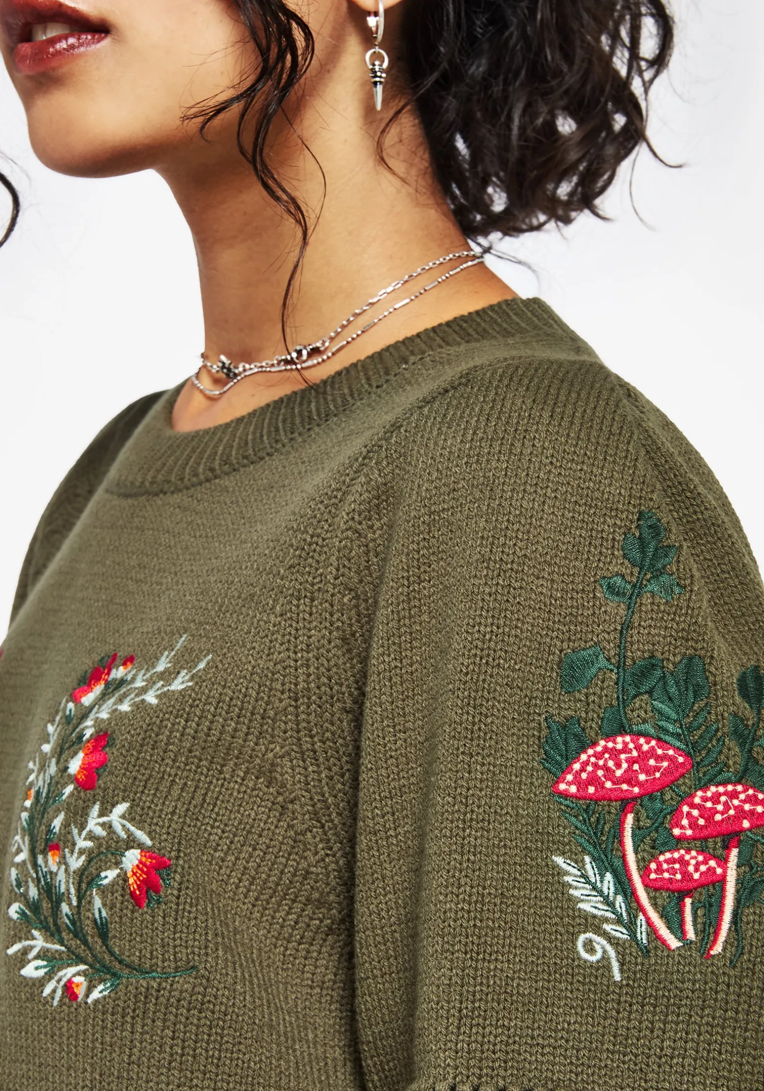 Lavish Mushroom Embroidered Short Sleeve Knit Top