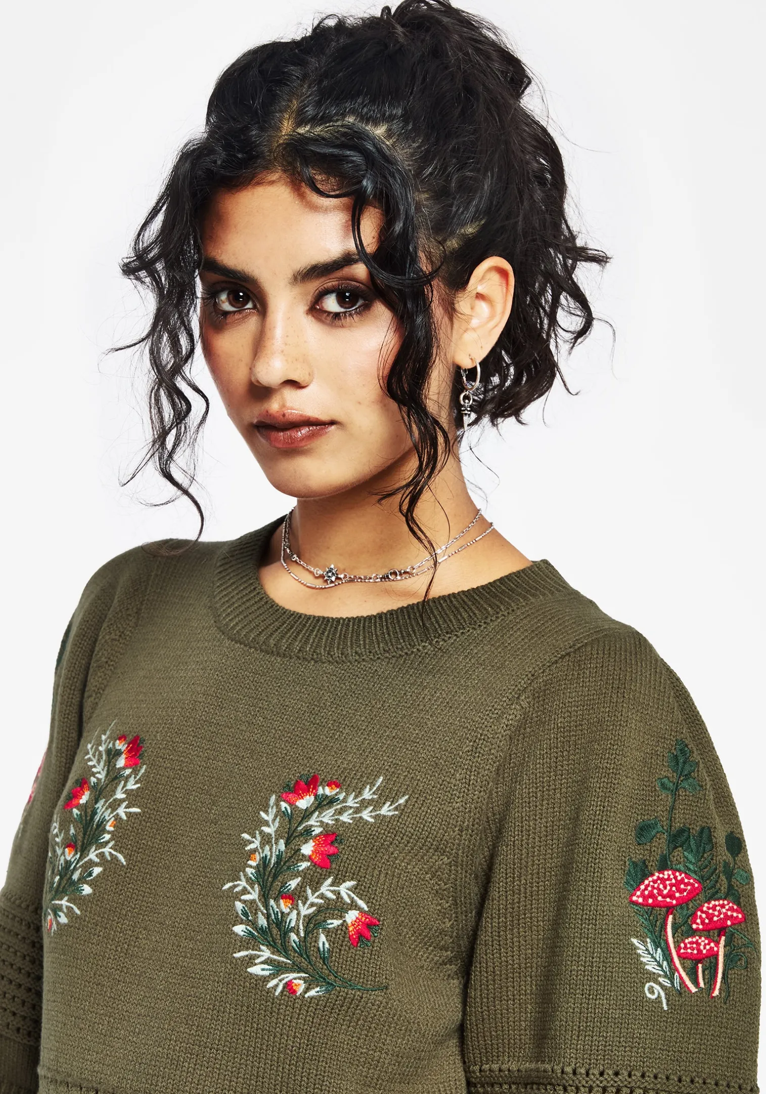 Lavish Mushroom Embroidered Short Sleeve Knit Top
