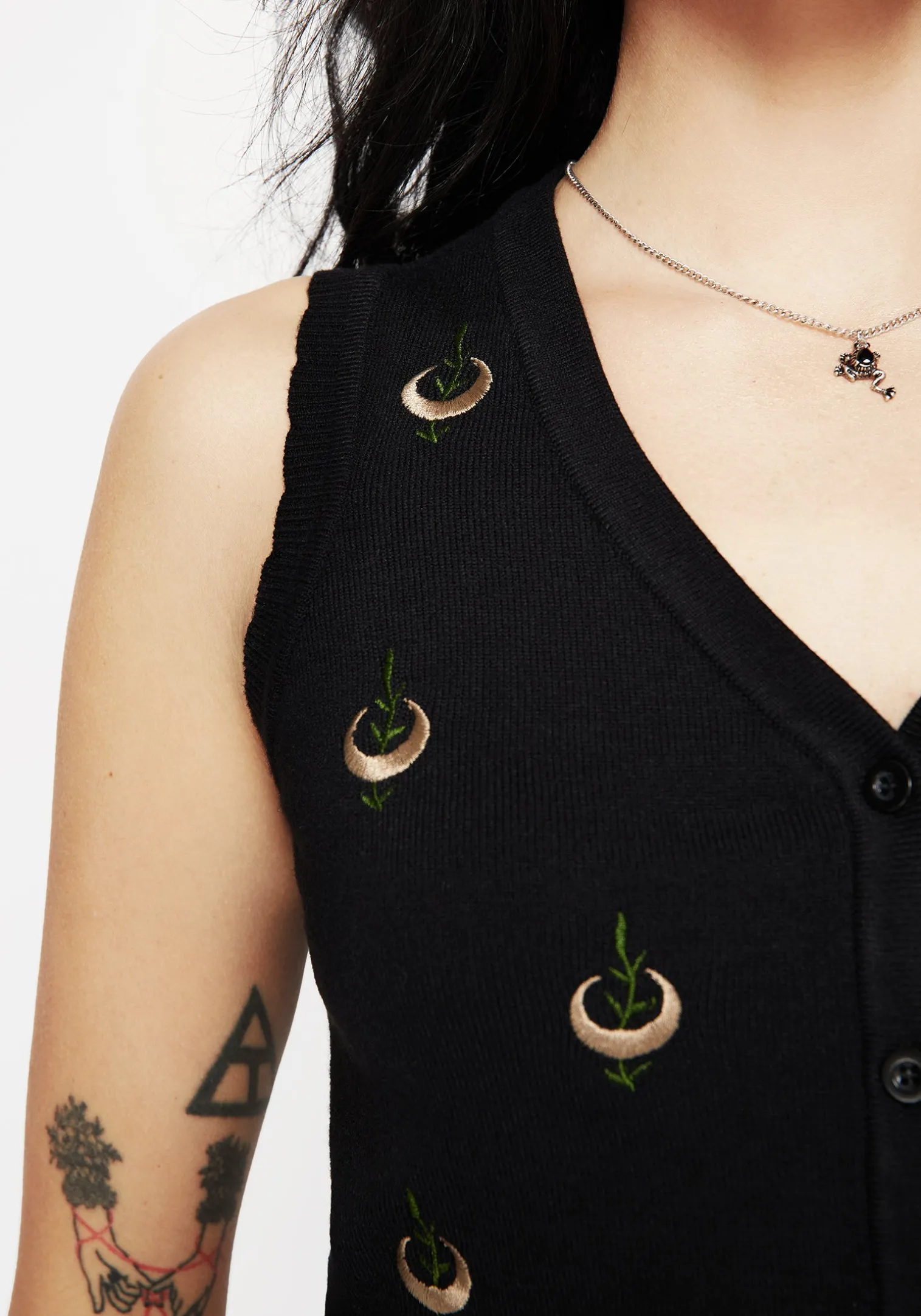 Liana Moon Leaf Embroidered Button Up Knit Vest