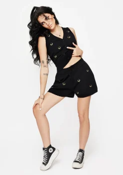 Liana Moon Leaf Embroidered Knit Shorts