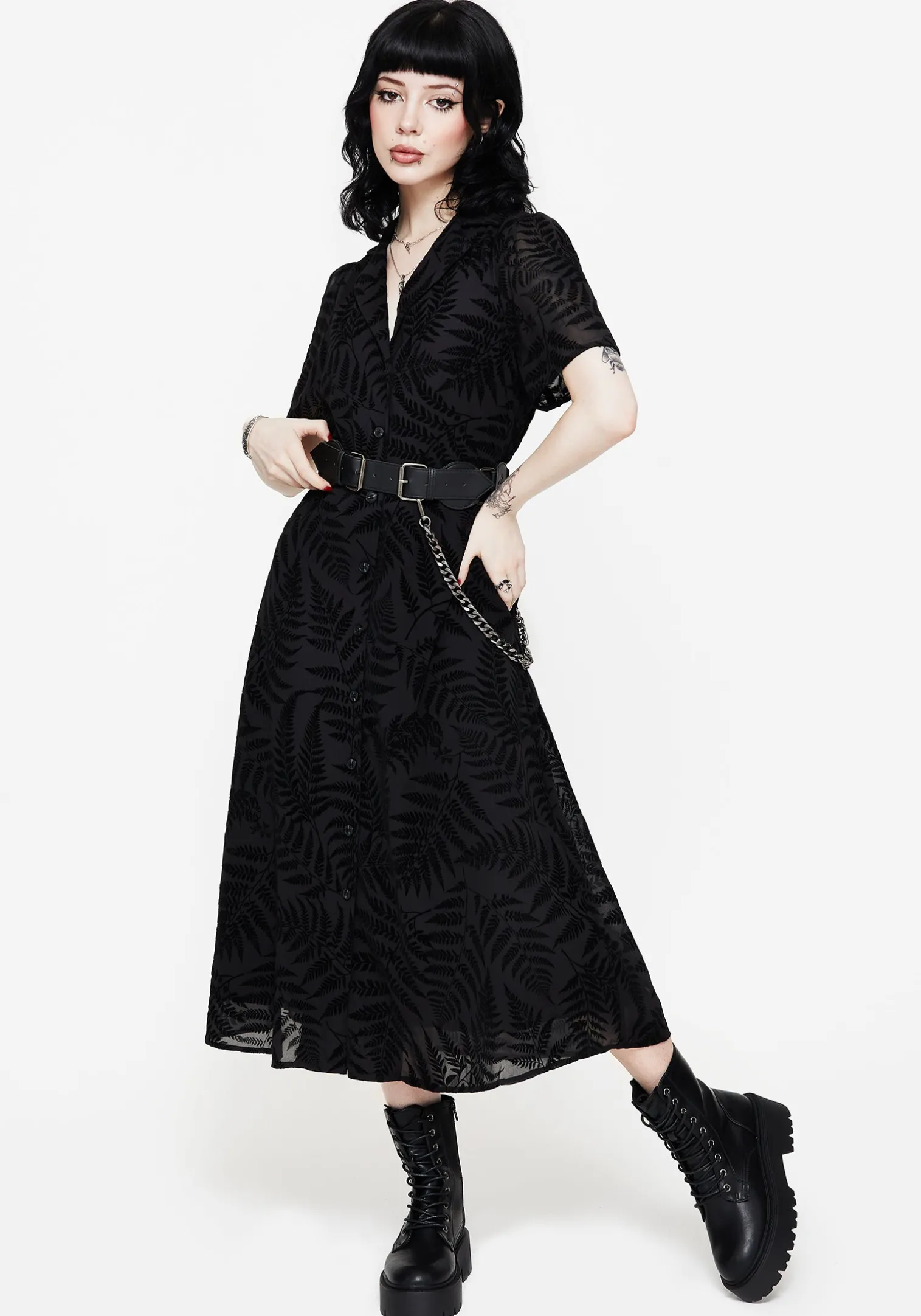 Lunafern Fern Printed Belted Midi Shirt Dress
