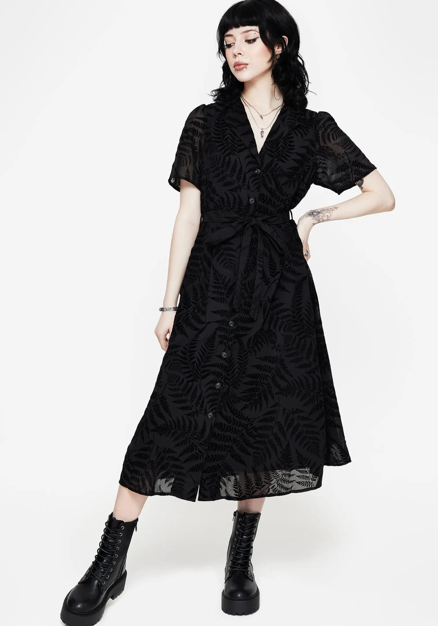 Lunafern Fern Printed Belted Midi Shirt Dress