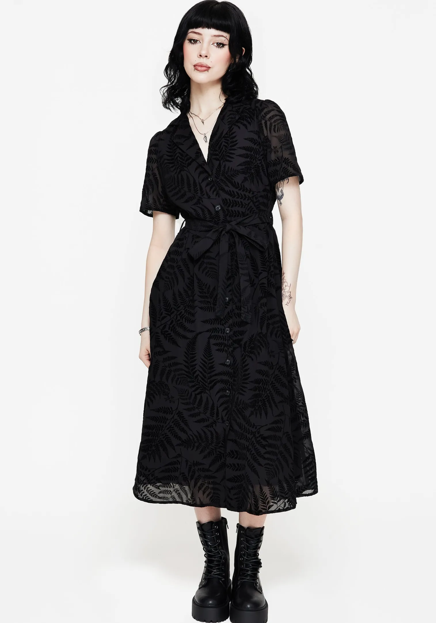 Lunafern Fern Printed Belted Midi Shirt Dress