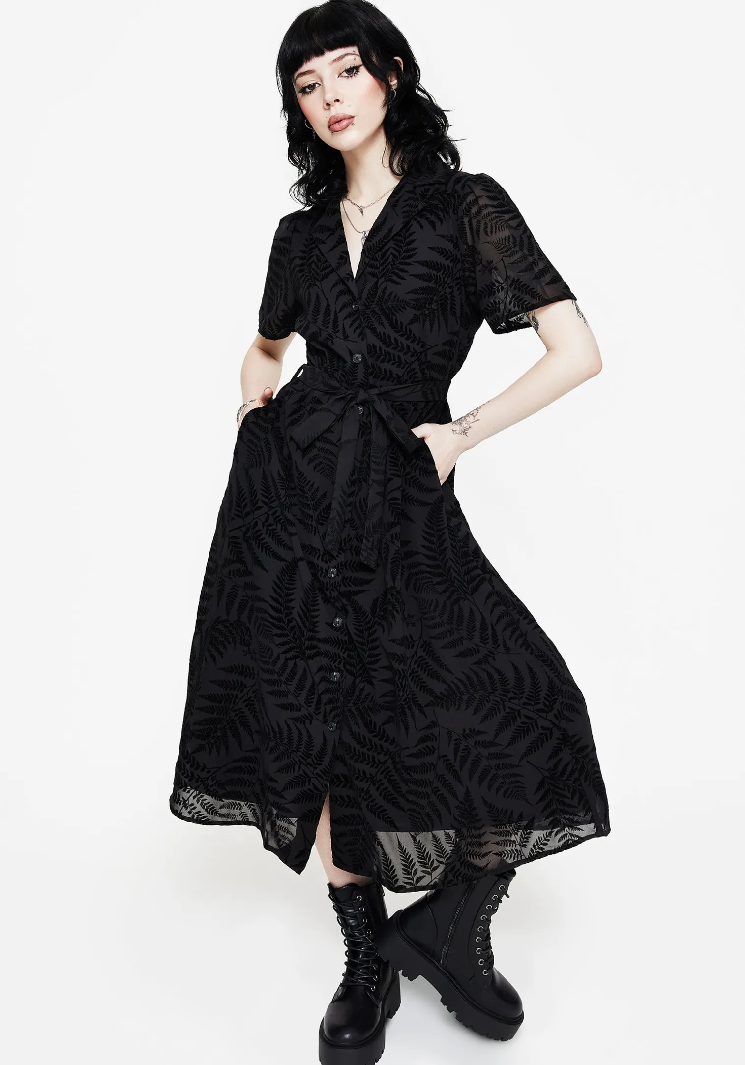 Lunafern Fern Printed Belted Midi Shirt Dress