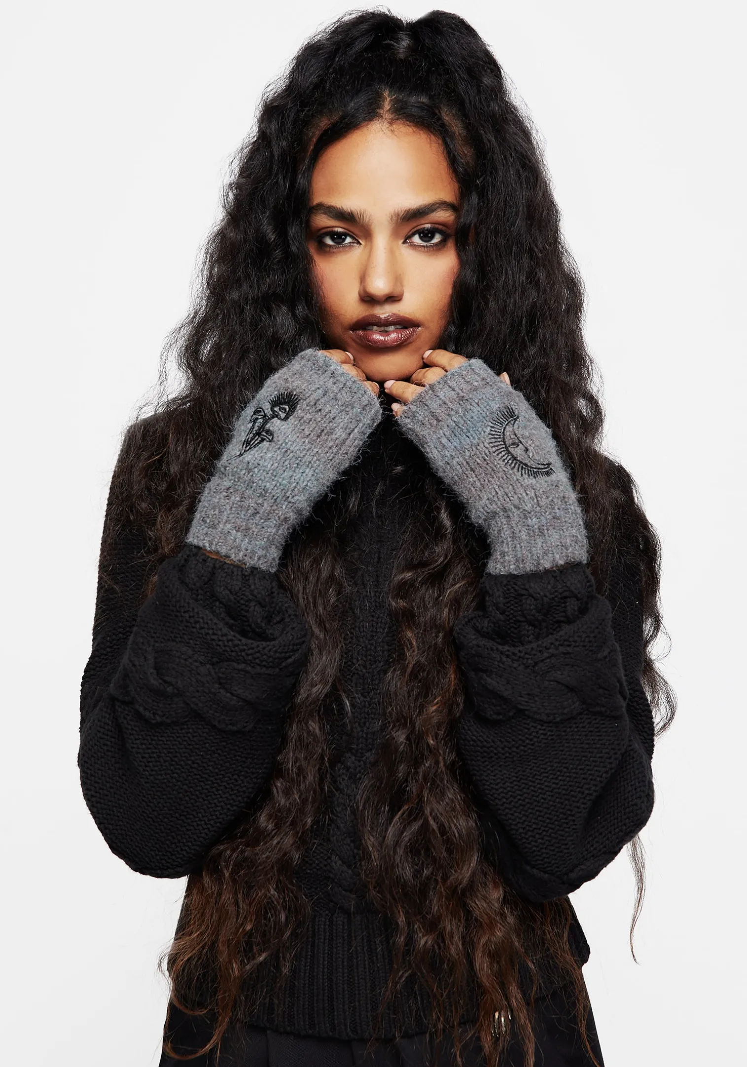 Mandragore Embroidered Knit Fingerless Gloves