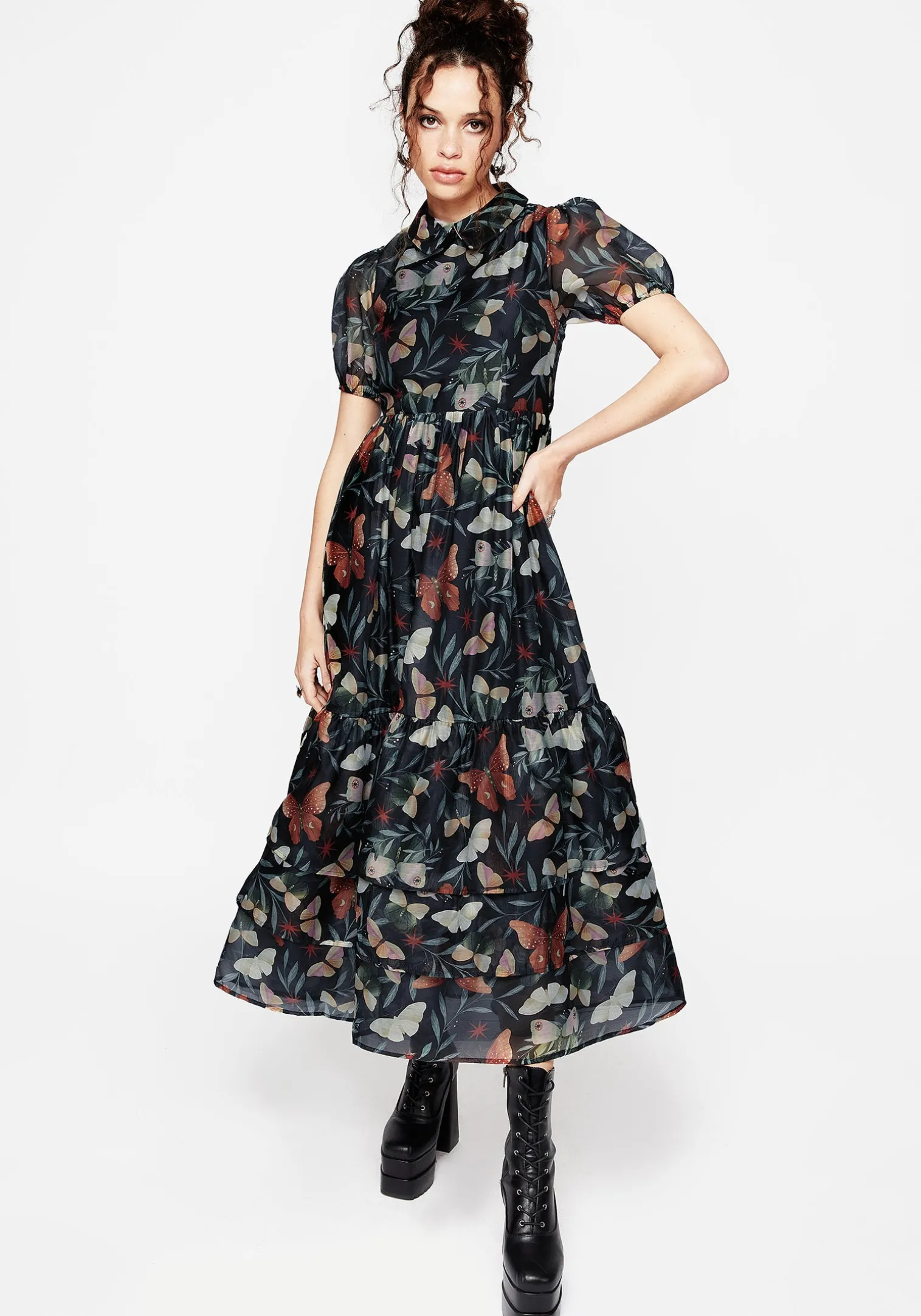 Mariposa Puff Sleeve Organza Maxi Shirt Dress