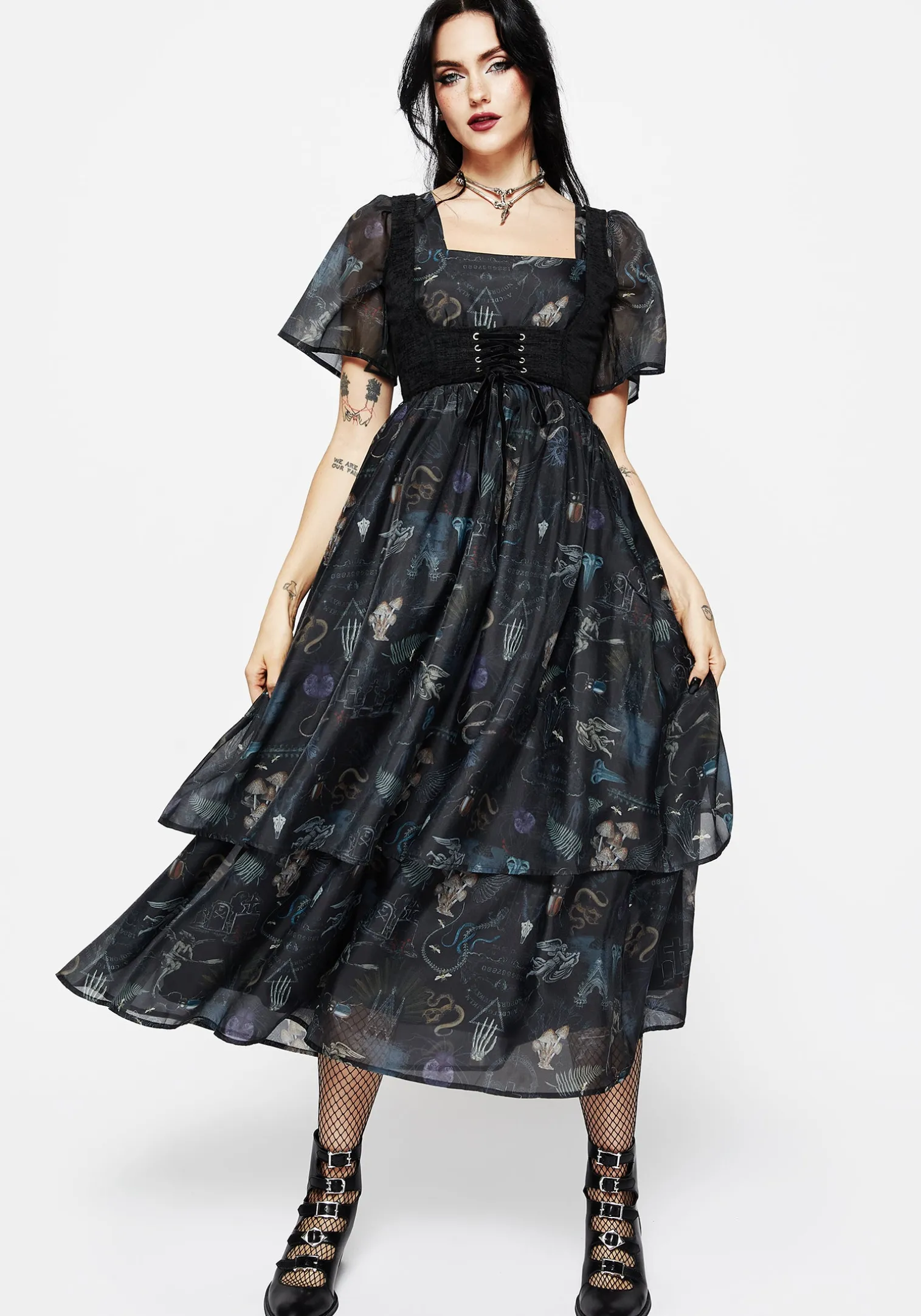 Maudeline Victoriana Print Layered Organza Midaxi Dress