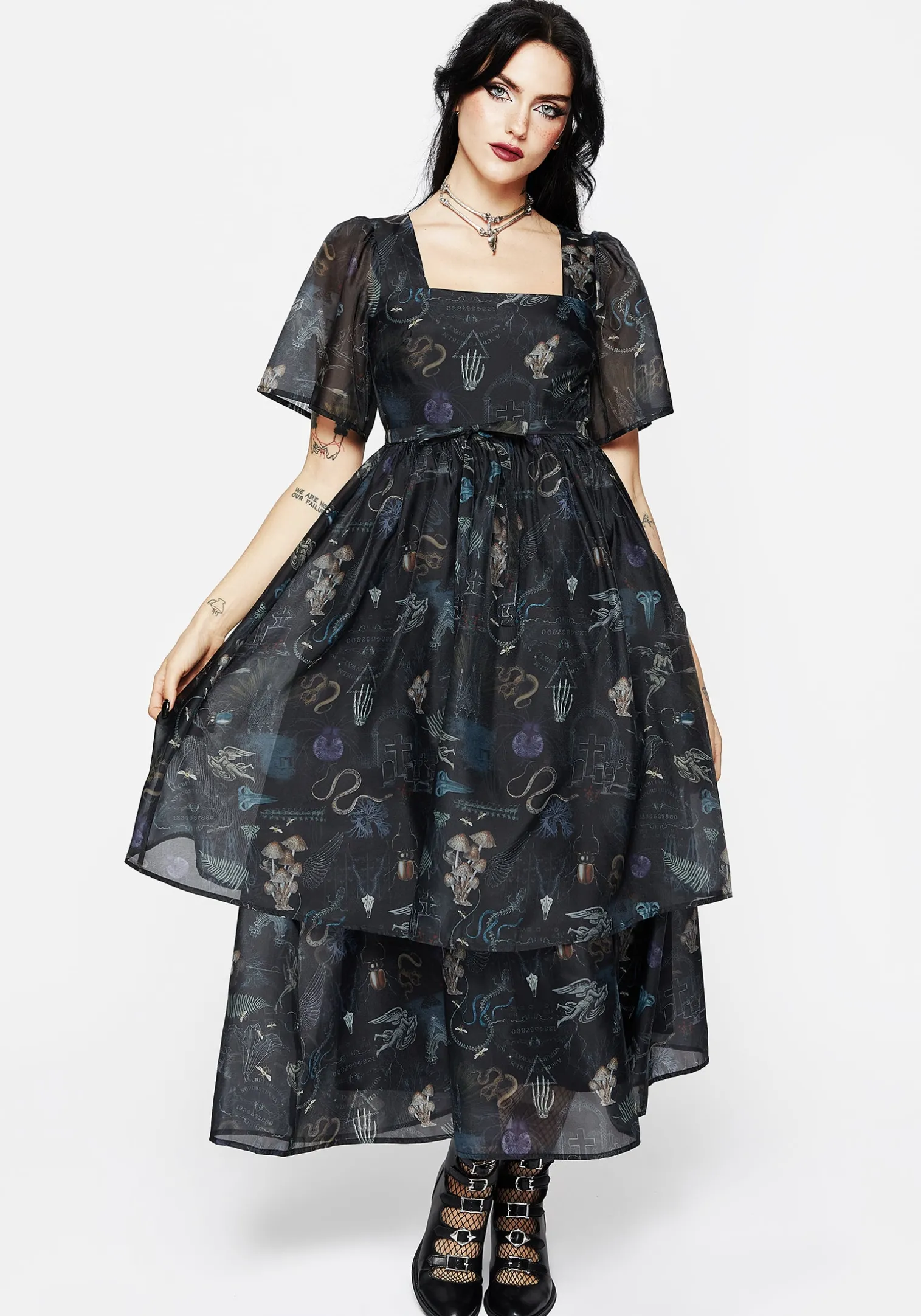 Maudeline Victoriana Print Layered Organza Midaxi Dress