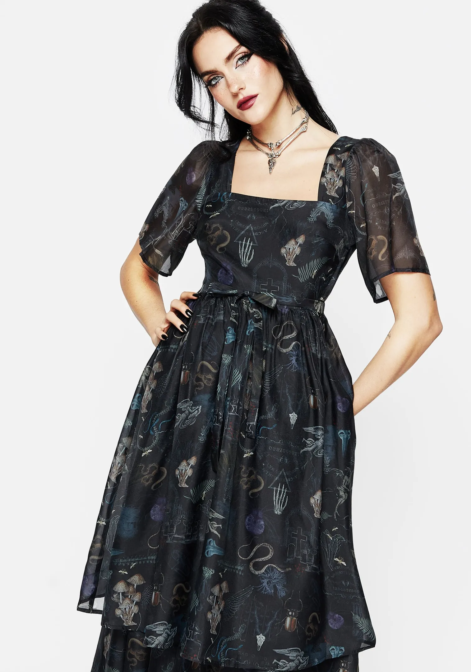 Maudeline Victoriana Print Layered Organza Midaxi Dress