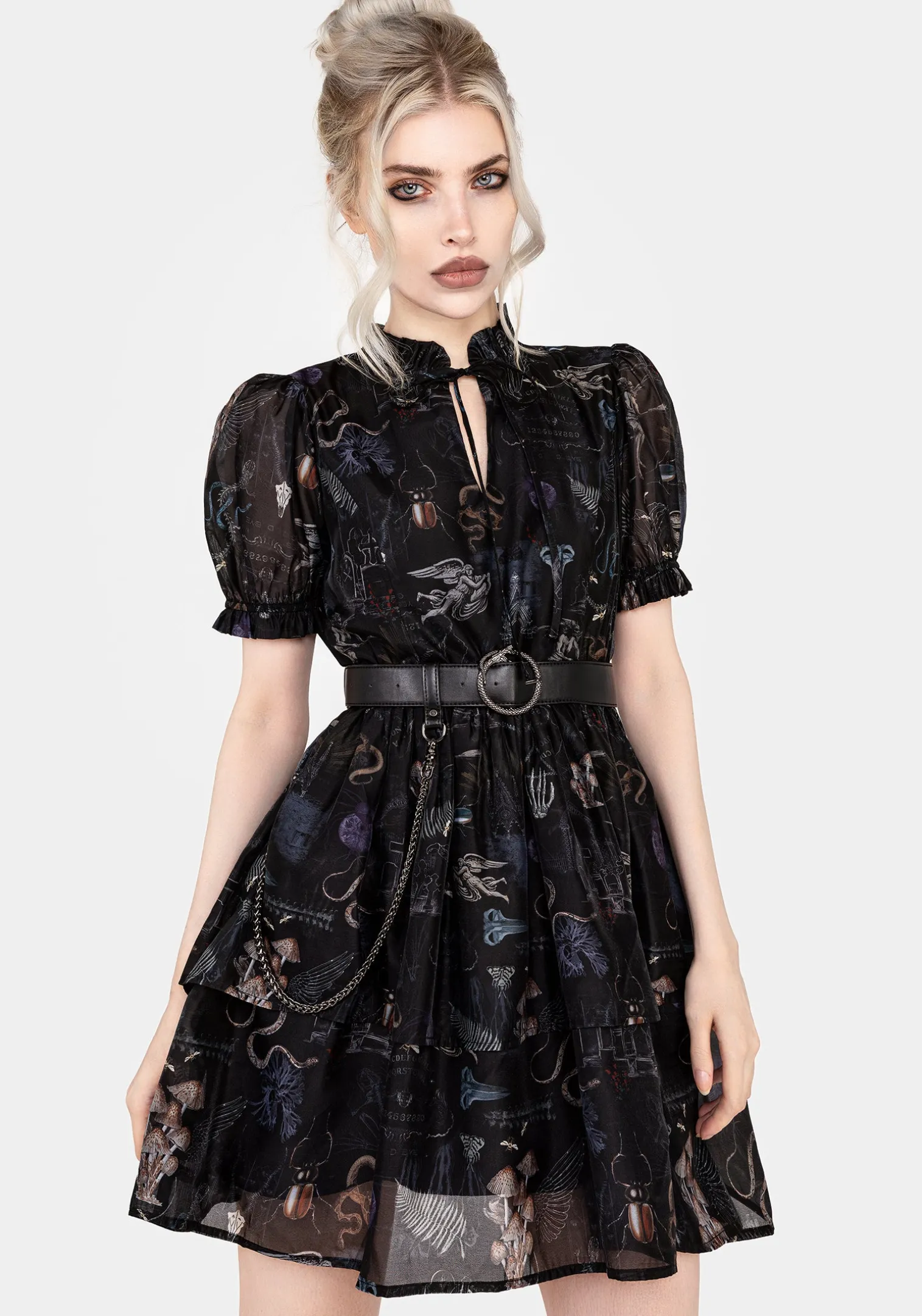 Maudeline Victoriana Print Layered Organza Mini Dress