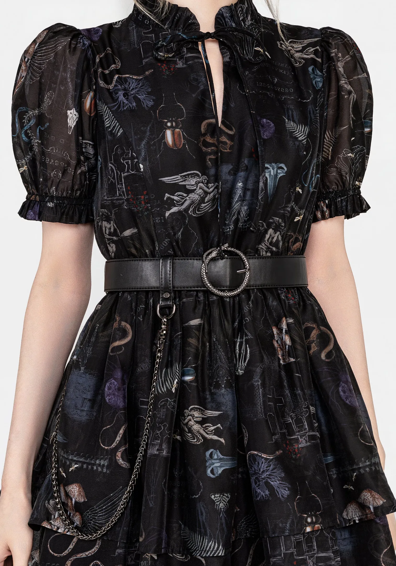 Maudeline Victoriana Print Layered Organza Mini Dress