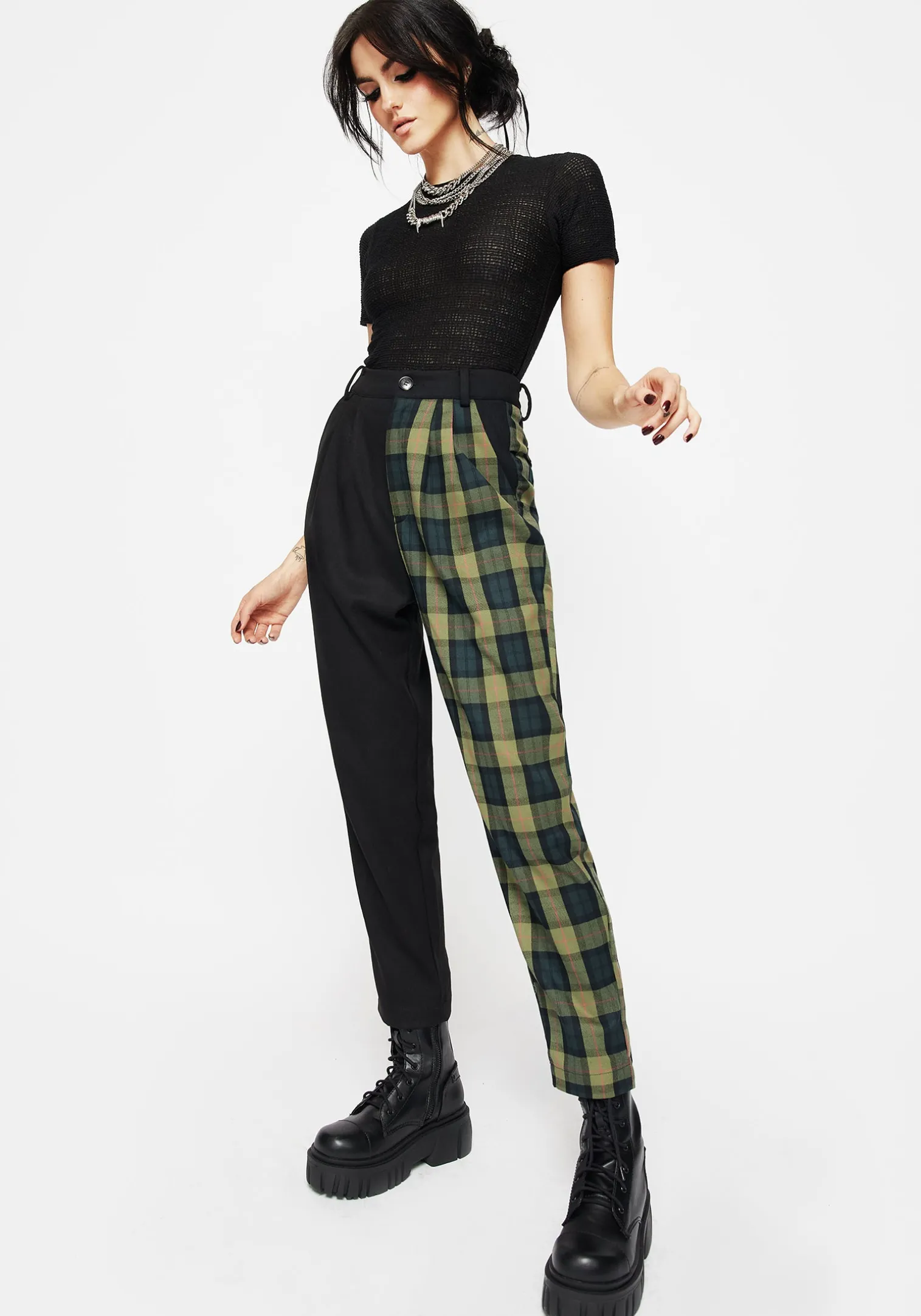 Mayflower Spliced Check High Waist Tapered Trousers