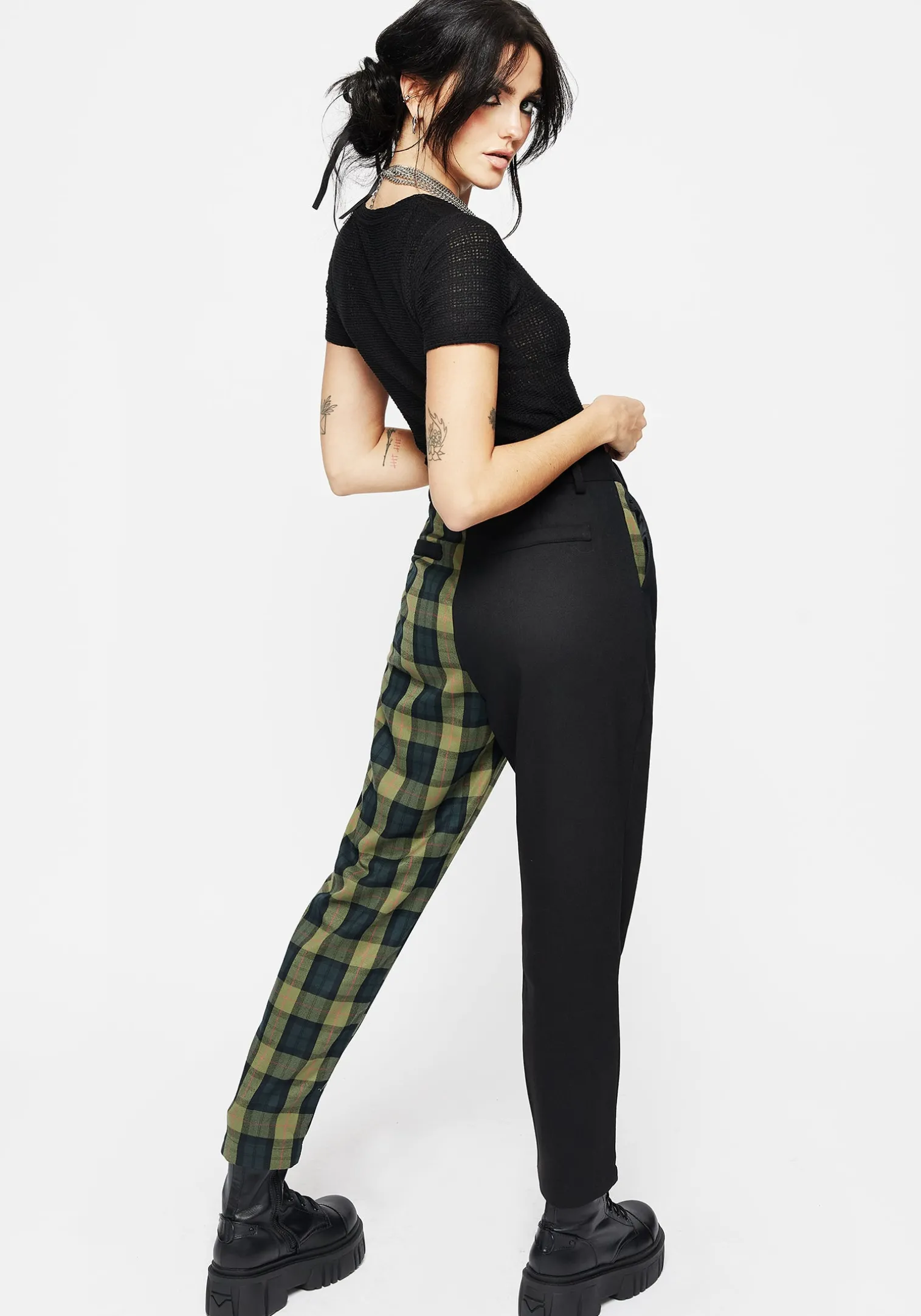 Mayflower Spliced Check High Waist Tapered Trousers