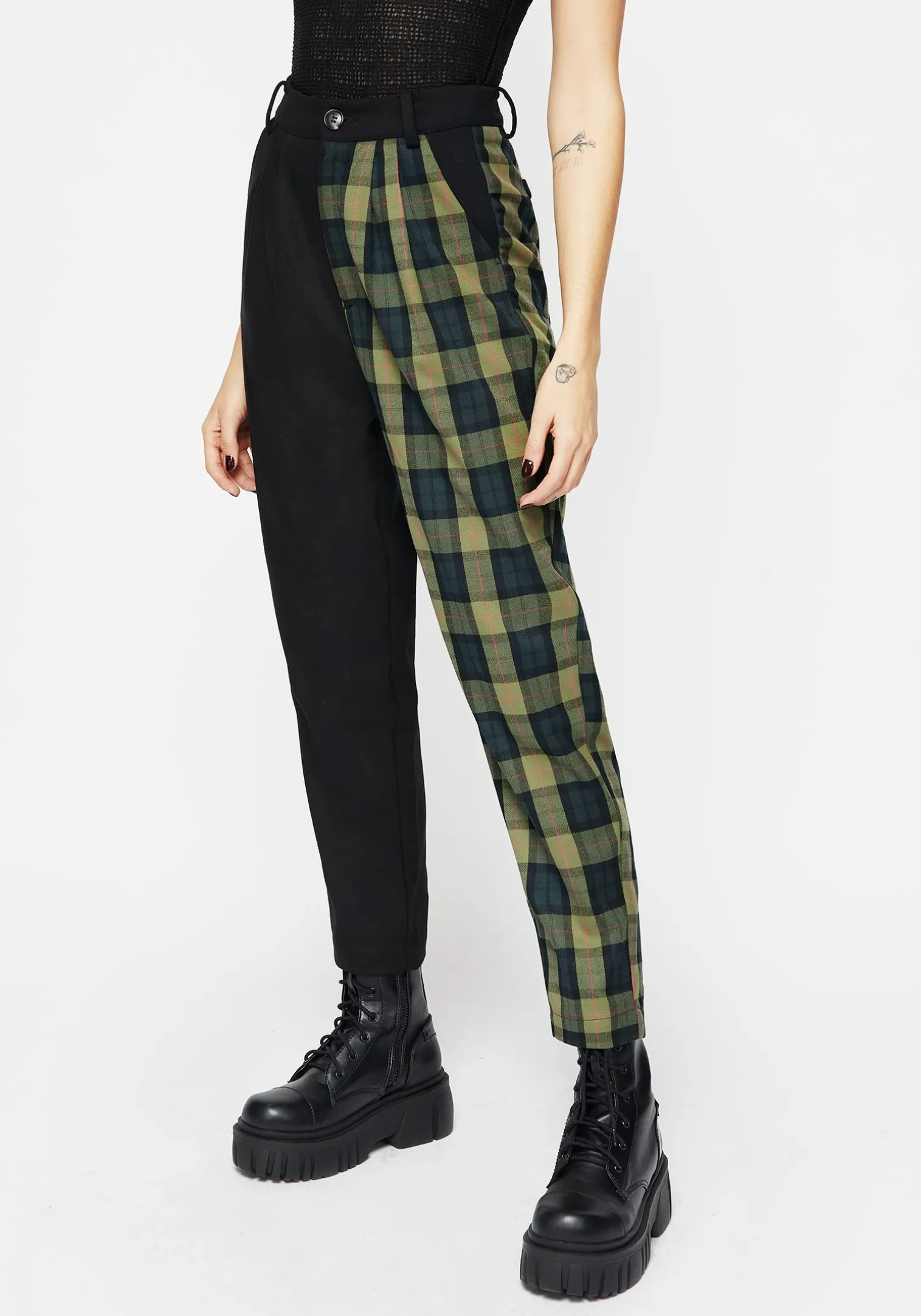 Mayflower Spliced Check High Waist Tapered Trousers